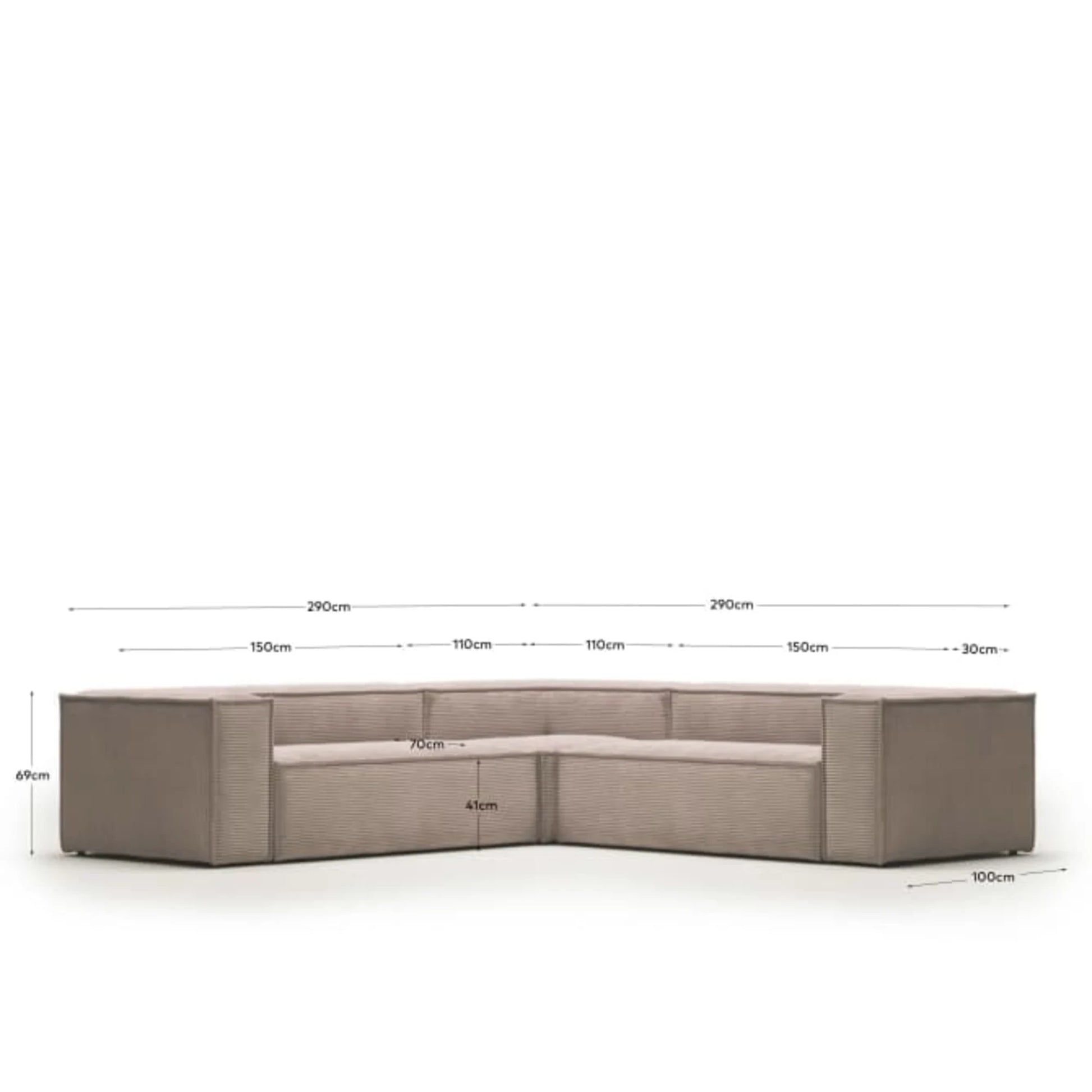 Kave Home Blok 4-Seat Corner Sofa, Corduroy, 290x290cm, Pink