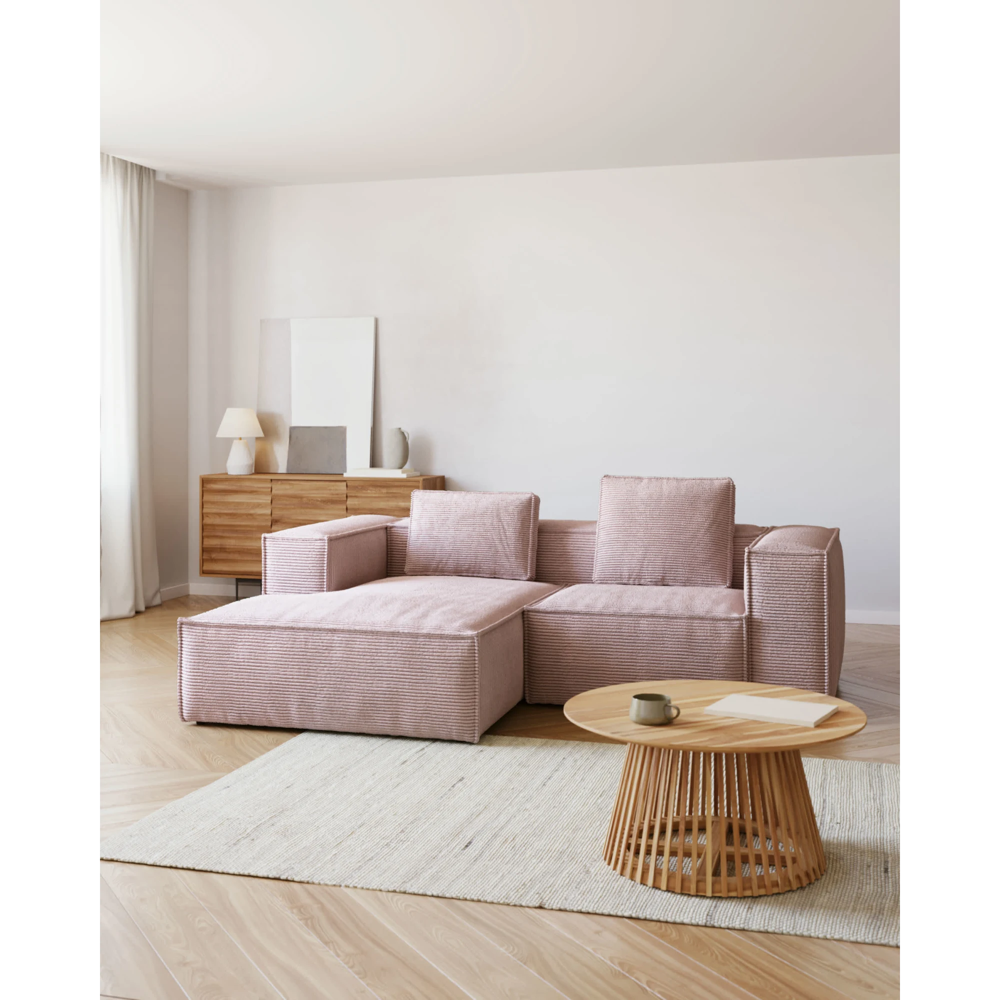 Kave Home Blok 2-Seat Modular Sofa with Left Chaise, Corduroy, Pink