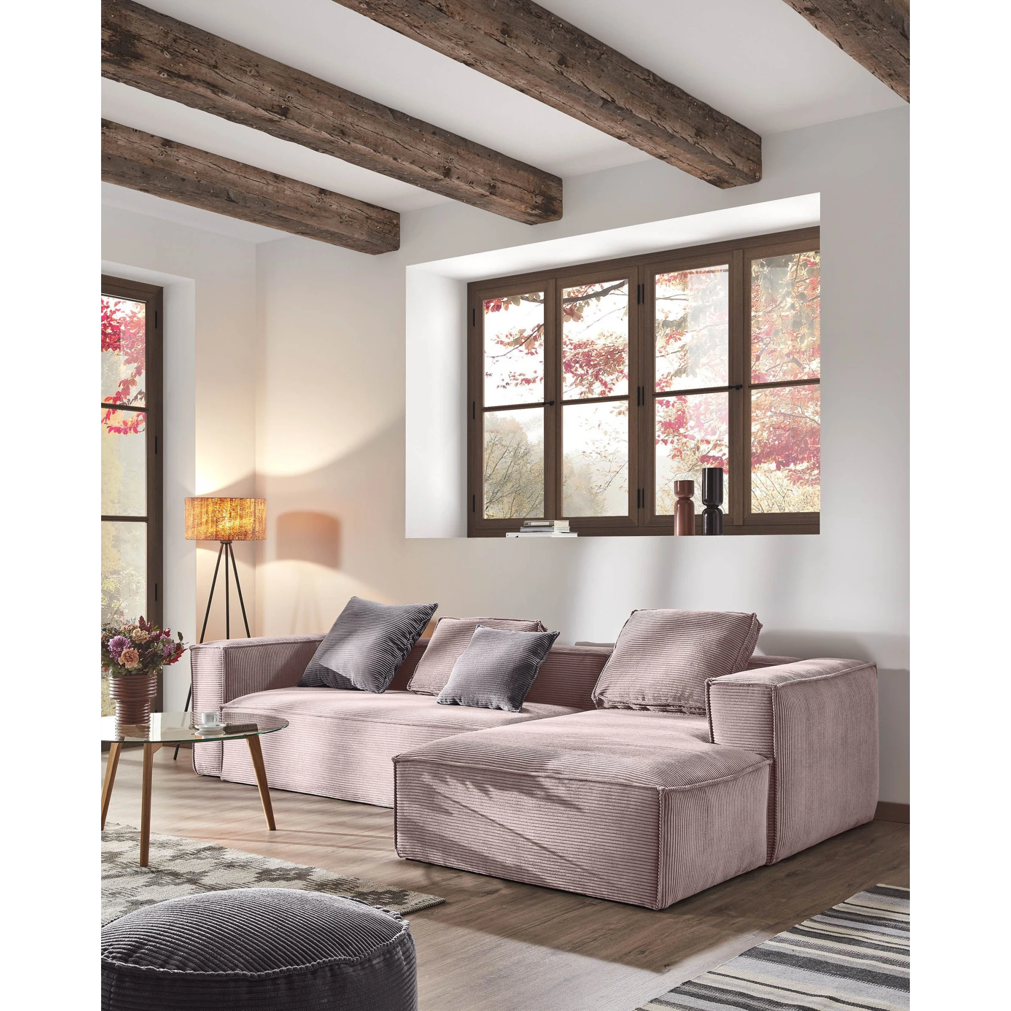Kave Home Blok 4-Seat Modular Sofa with Right Chaise, Corduroy, Pink