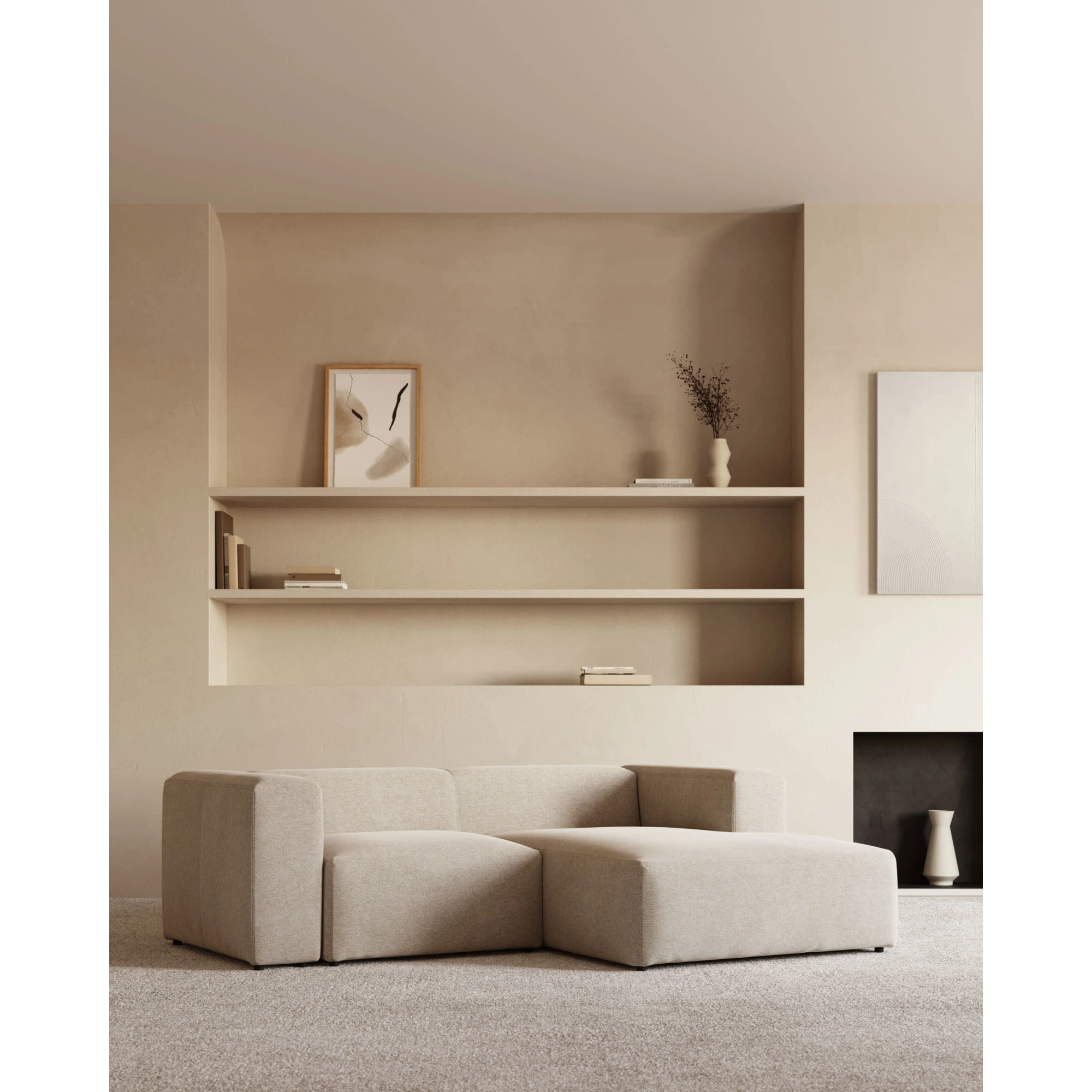 Kave Home Blok 2-Seat Modular Sofa with Right Chaise, Beige