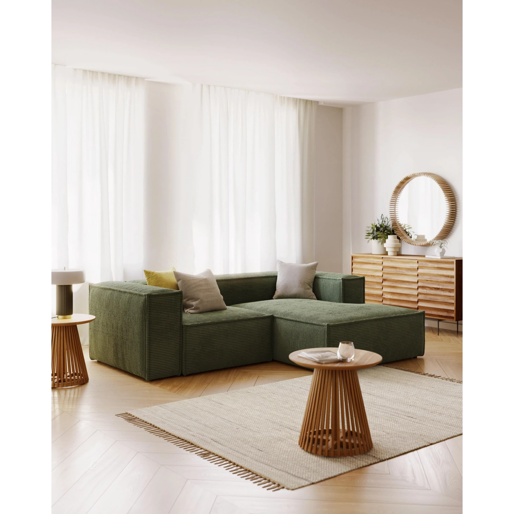 Kave Home Blok 2-Seat Modular Sofa with Right Chaise, Corduroy, Green