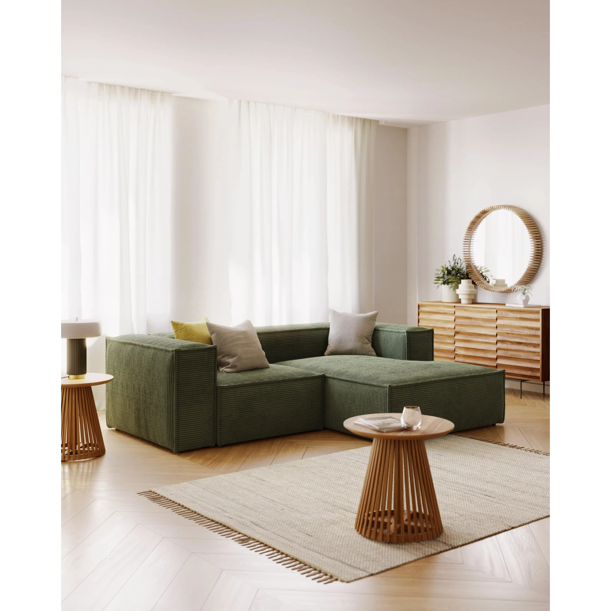 Kave Home Blok 2-Seat Modular Sofa with Right Chaise, Corduroy, Green