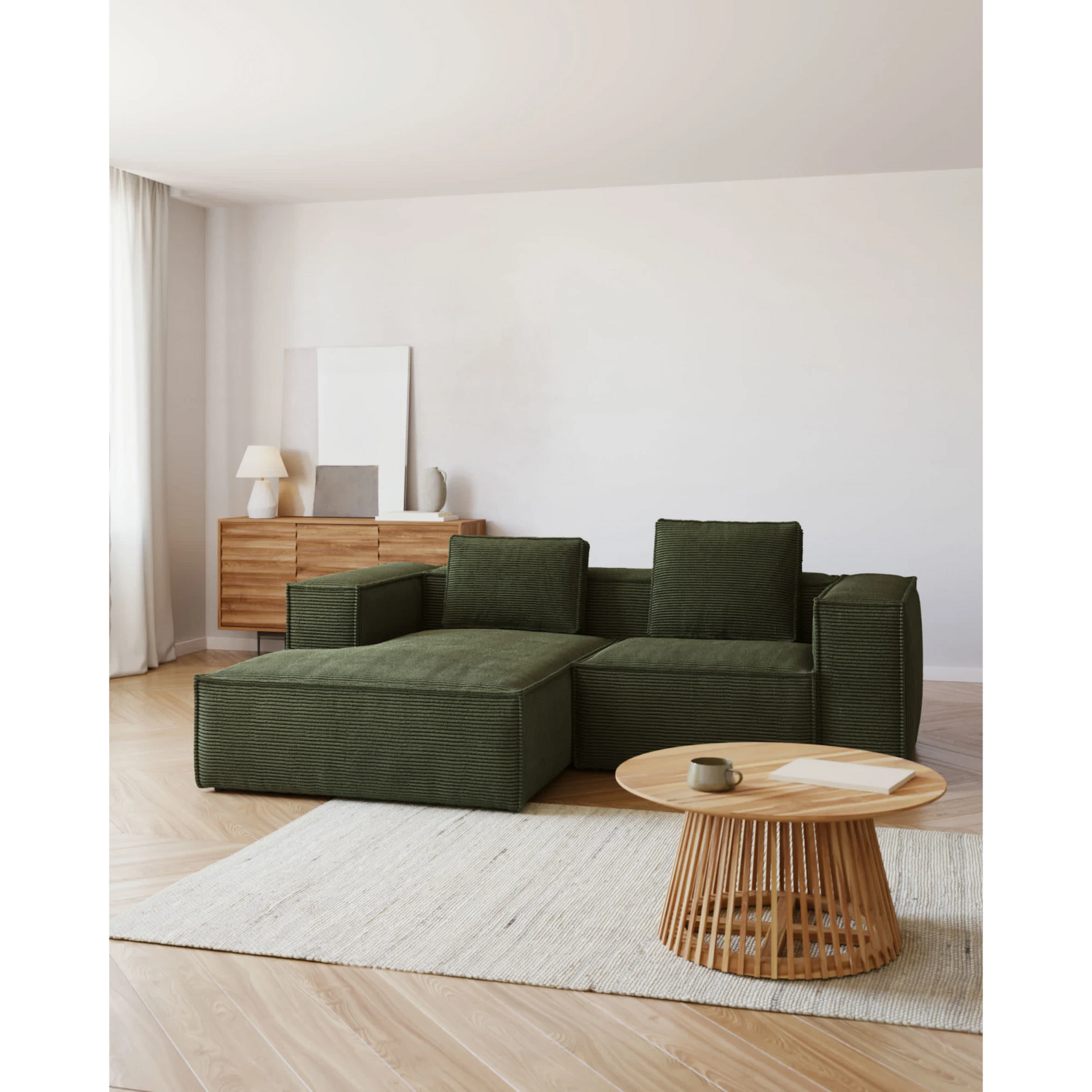 Kave Home Blok 2-Seat Modular Sofa with Left Chaise, Corduroy, Green
