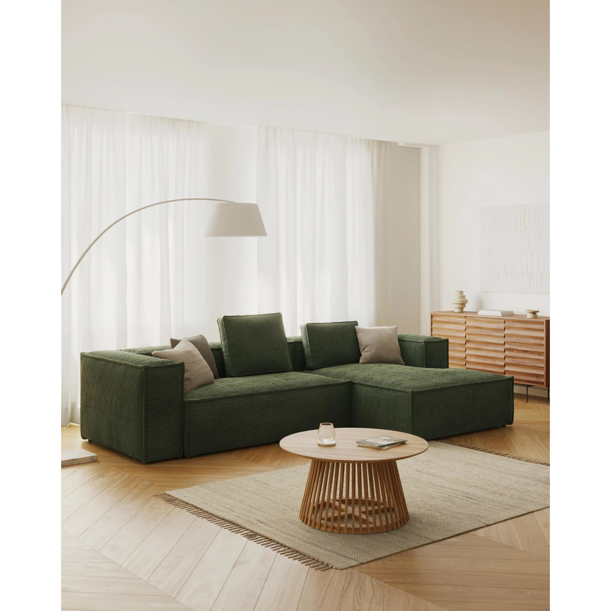 Kave Home Blok 3-Seat Modular Sofa with Right Chaise, Corduroy, Green