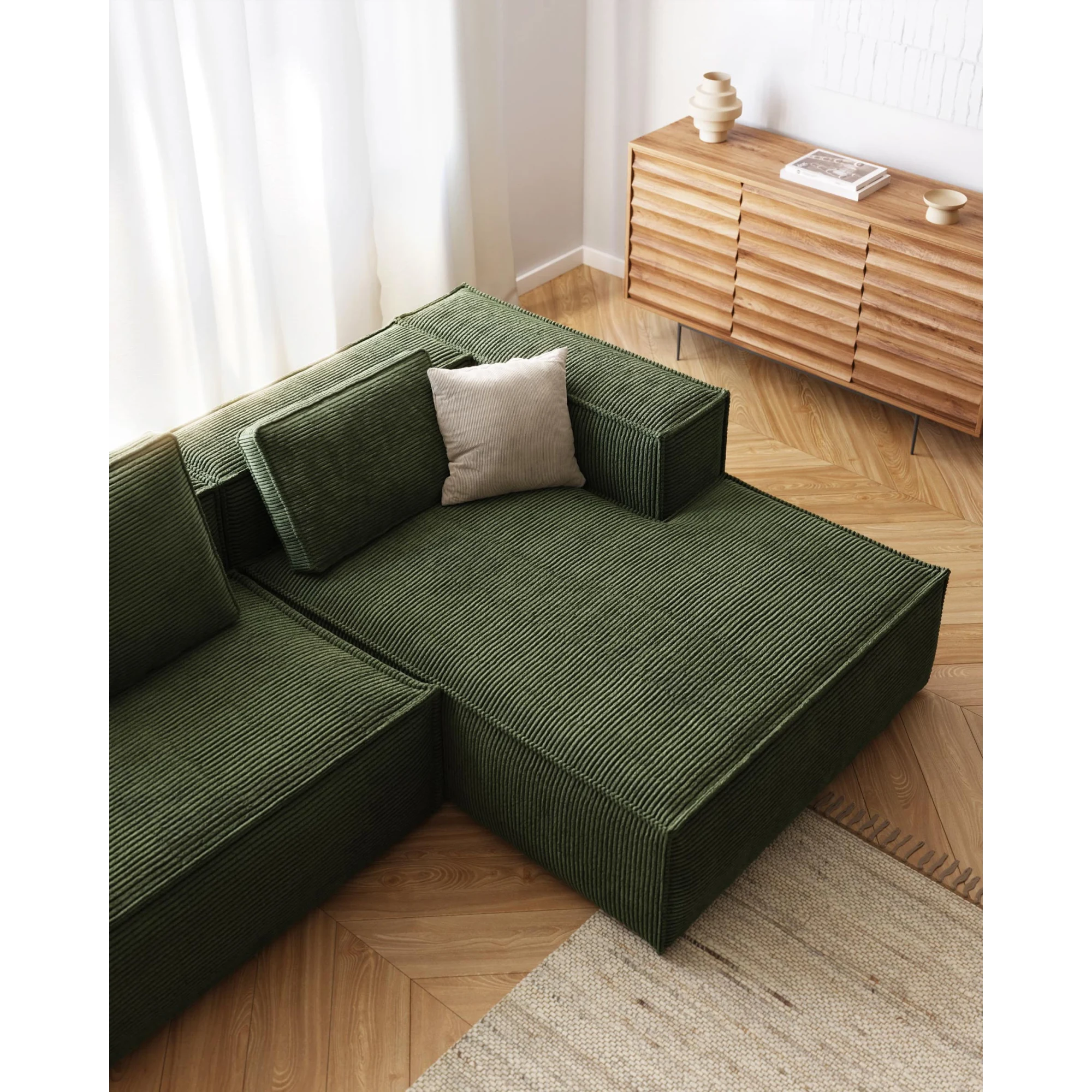 Kave Home Blok 3-Seat Modular Sofa with Right Chaise, Corduroy, Green