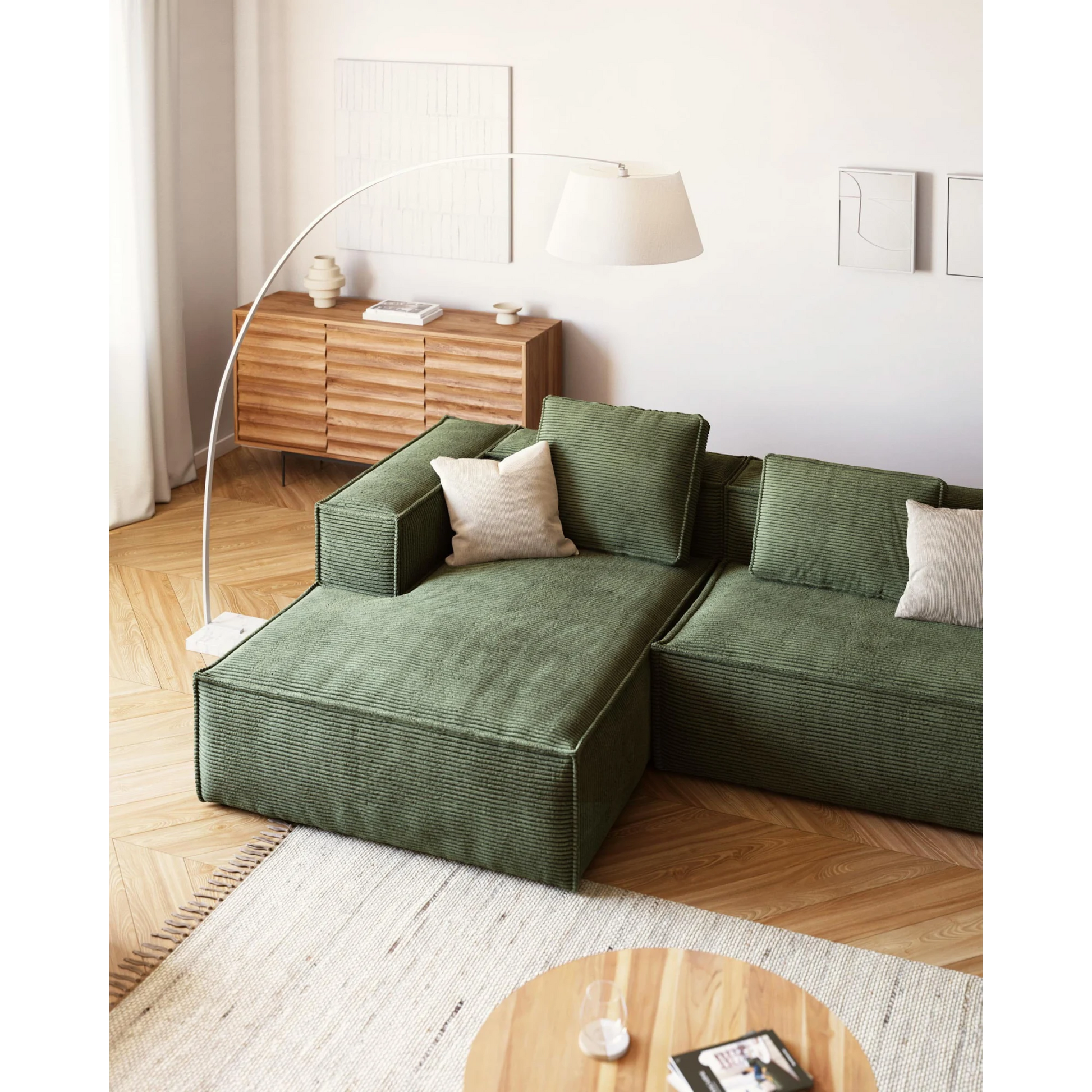 Kave Home Blok 3-Seat Modular Sofa with Left Chaise, Corduroy, Green