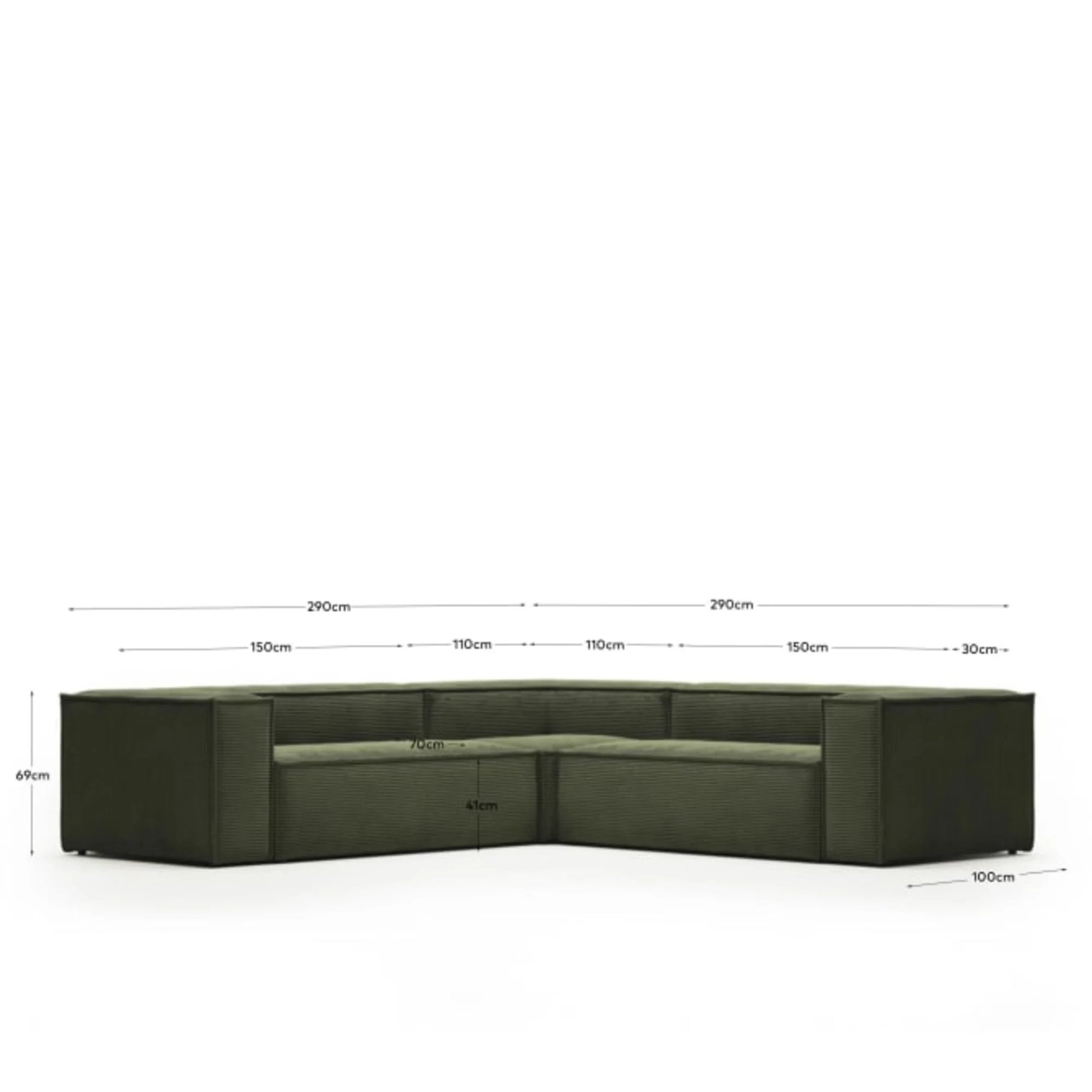 Kave Home Blok 4-Seat Corner Sofa, Corduroy, 290x290cm, Green