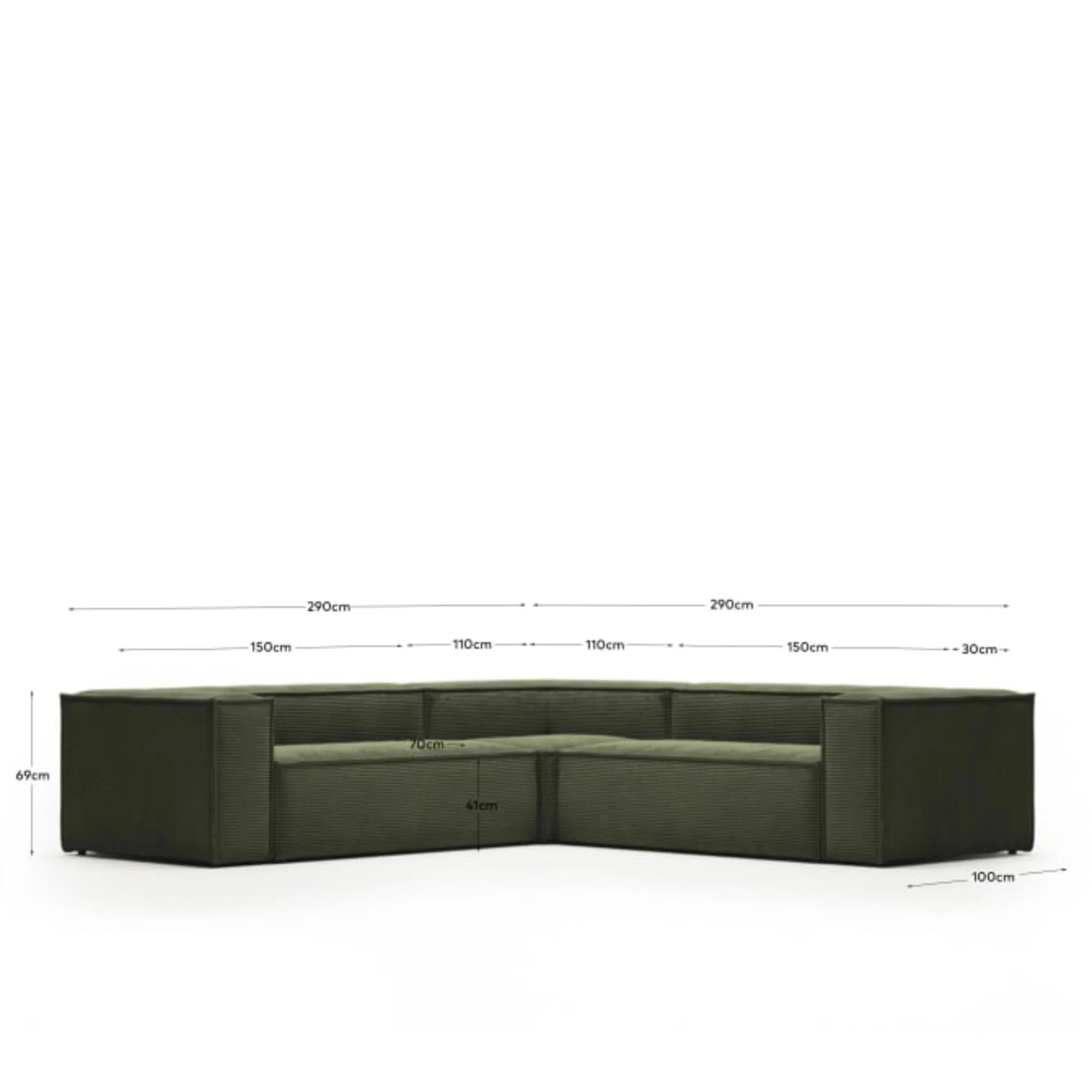 Kave Home Blok 4-Seat Corner Sofa, Corduroy, 290x290cm, Green