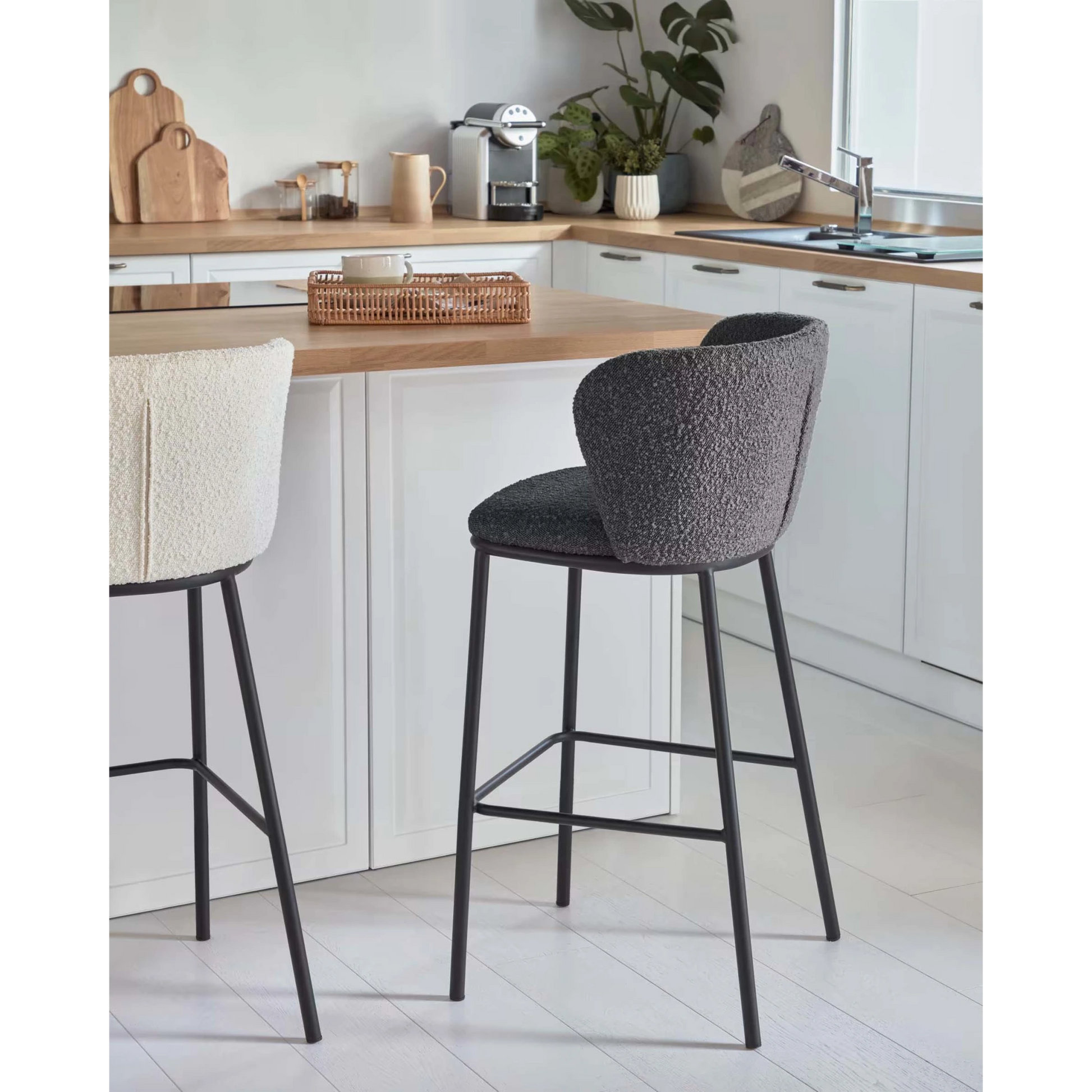 Kave Home Ciselia Shearling Bar Stool, Black, 65cm