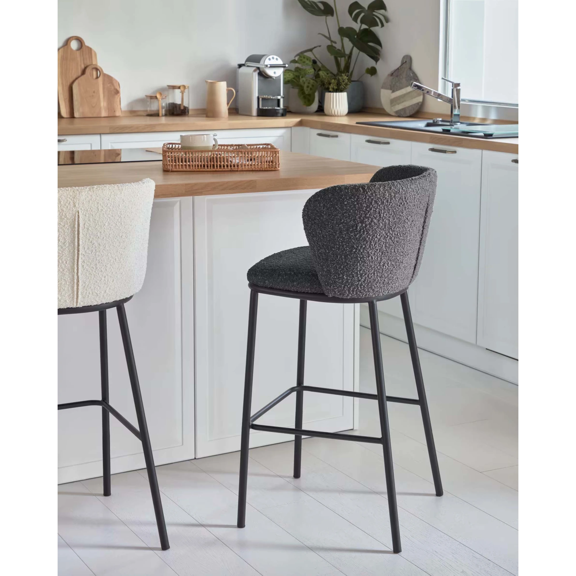 Kave Home Ciselia Shearling Bar Stool, Black, 65cm