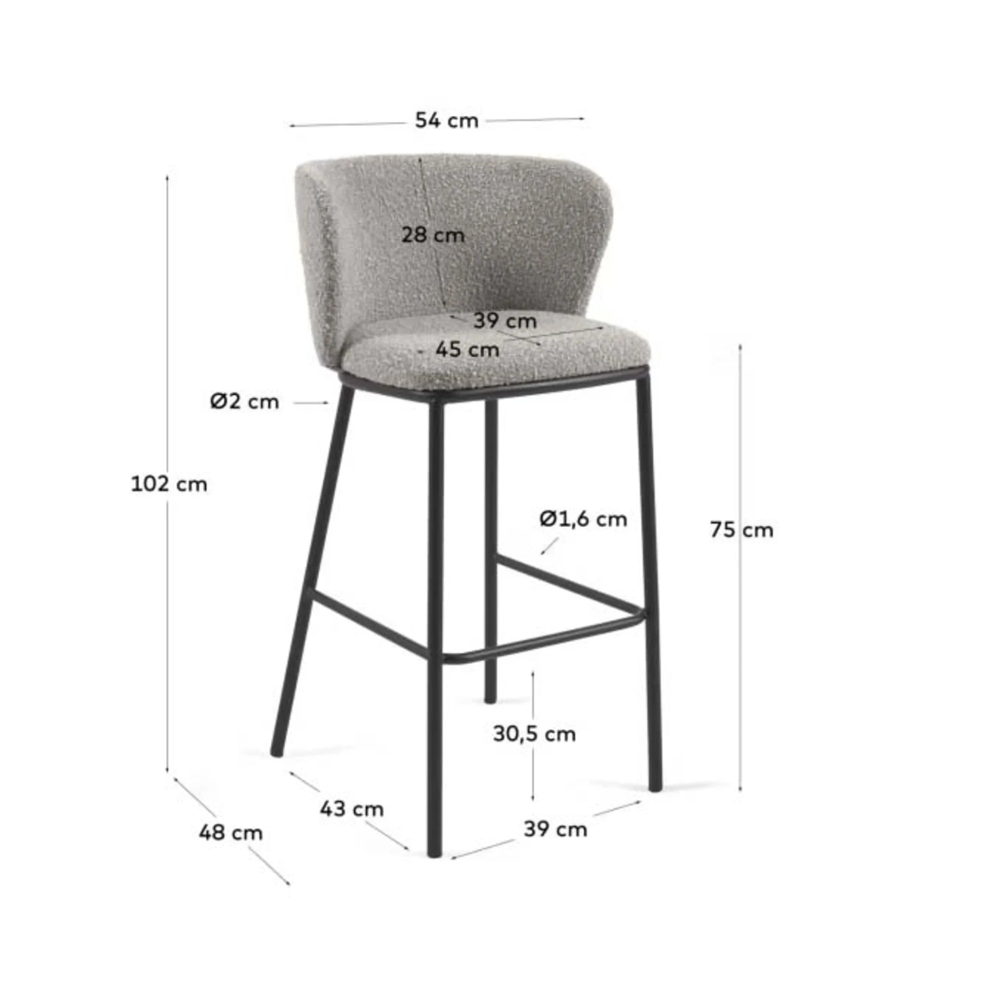Kave Home Ciselia Shearling Bar Stool, Grey, 77cm