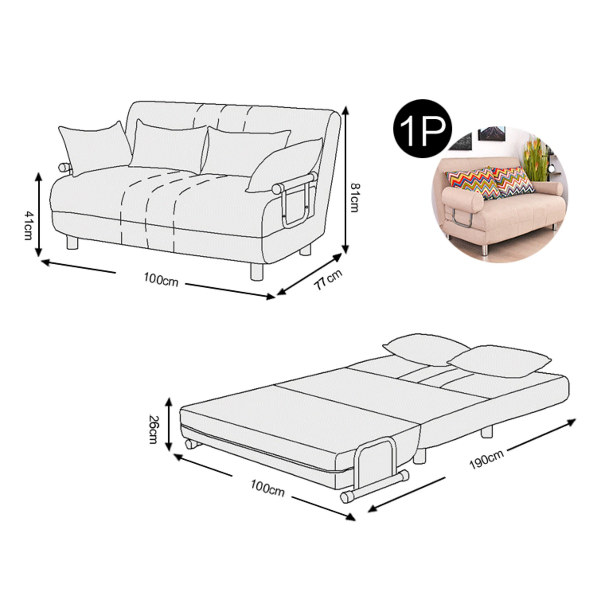 Urbana Flip-n-Sleep 1-Seater Sofa Bed, 100cm, Ivory