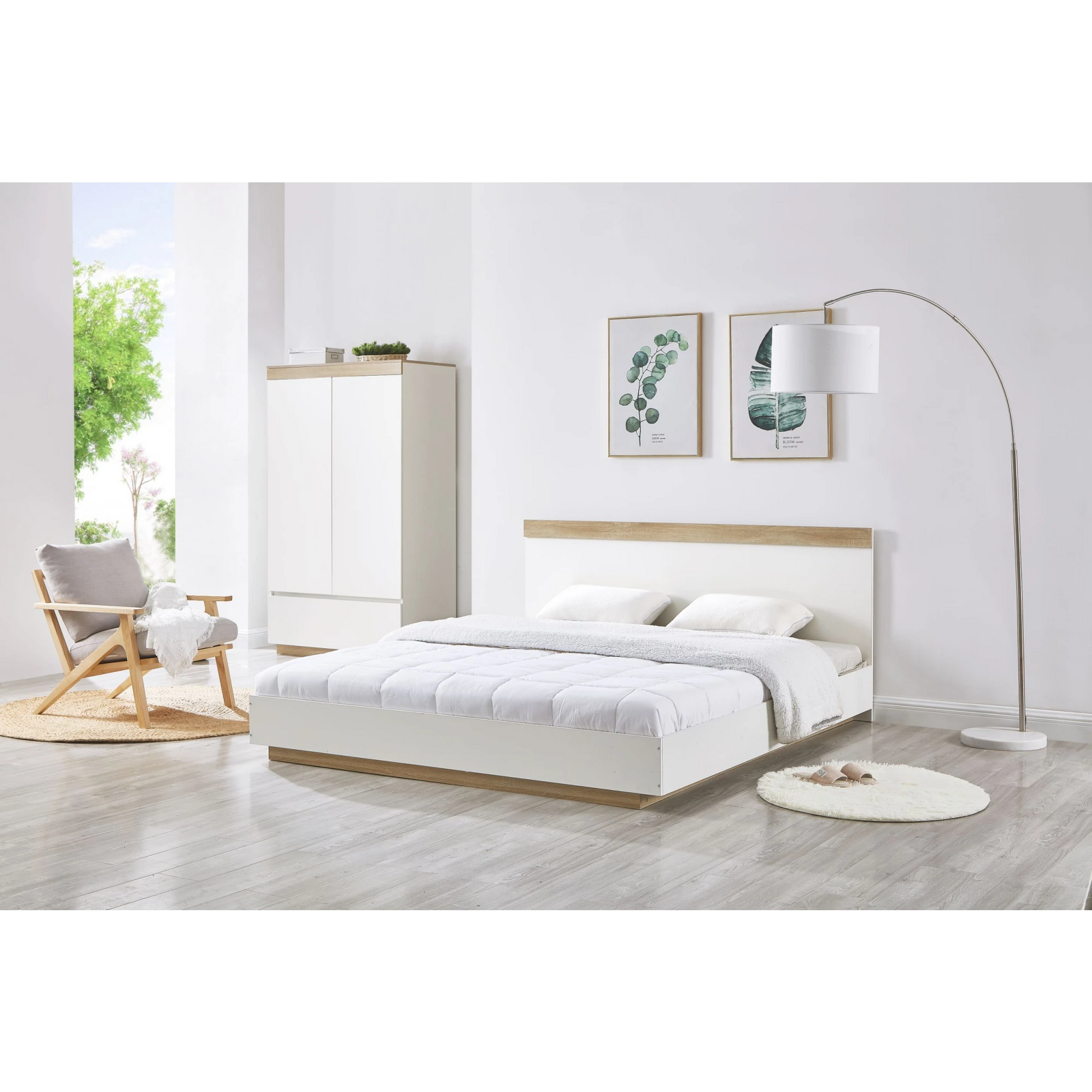 Lifely Cuppa Wooden Bed Frame, White, Natural Wood