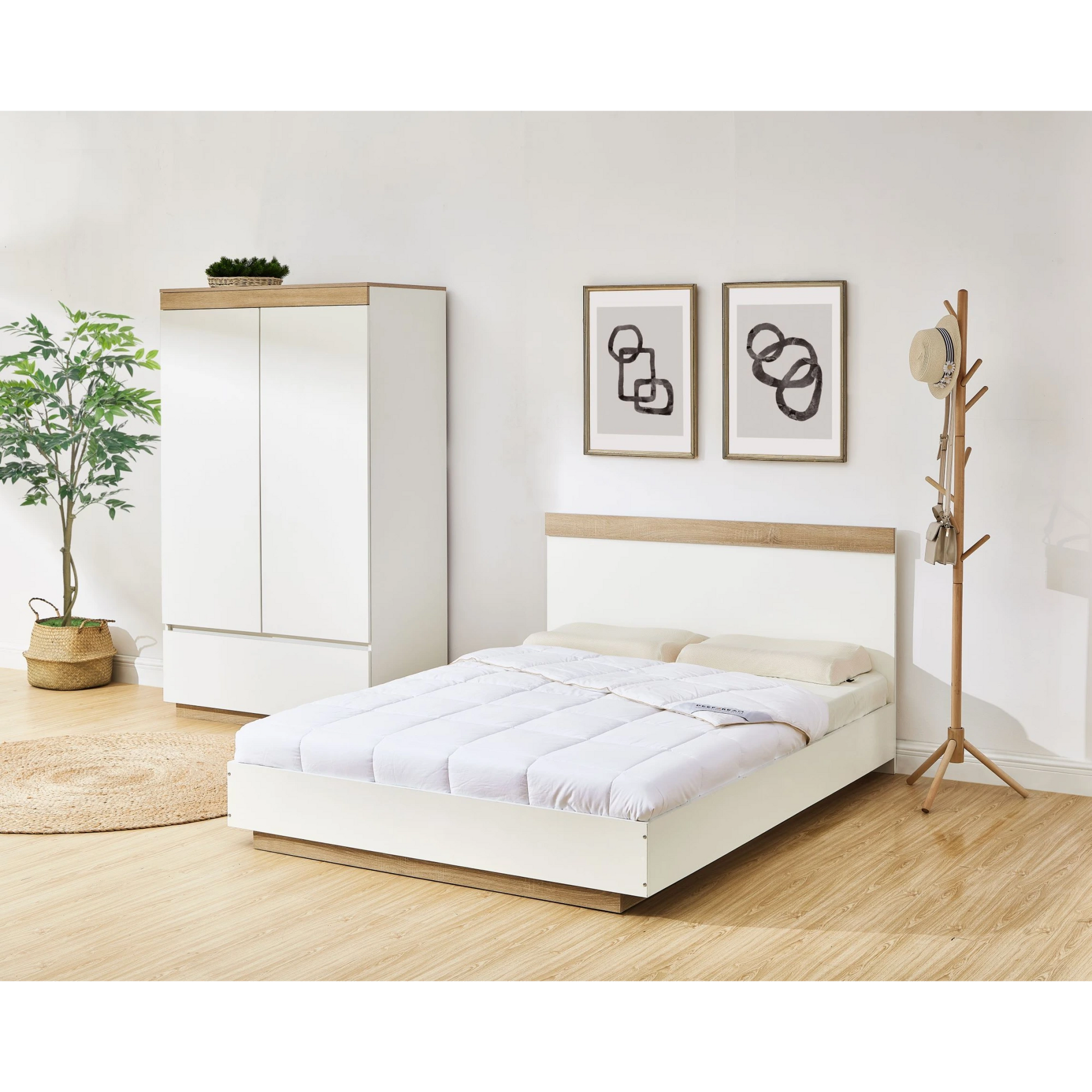 Lifely Cuppa Wooden Bed Frame, White, Natural Wood