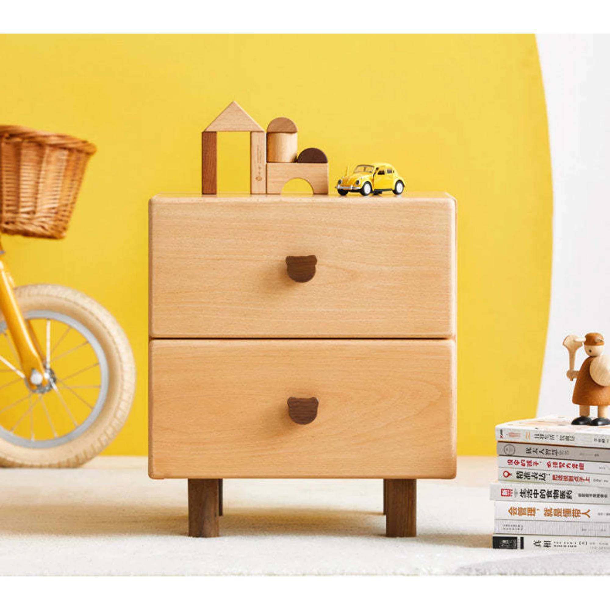 Solidwood Ayla Double Drawer Bedside Table, 40x35CM, Beech