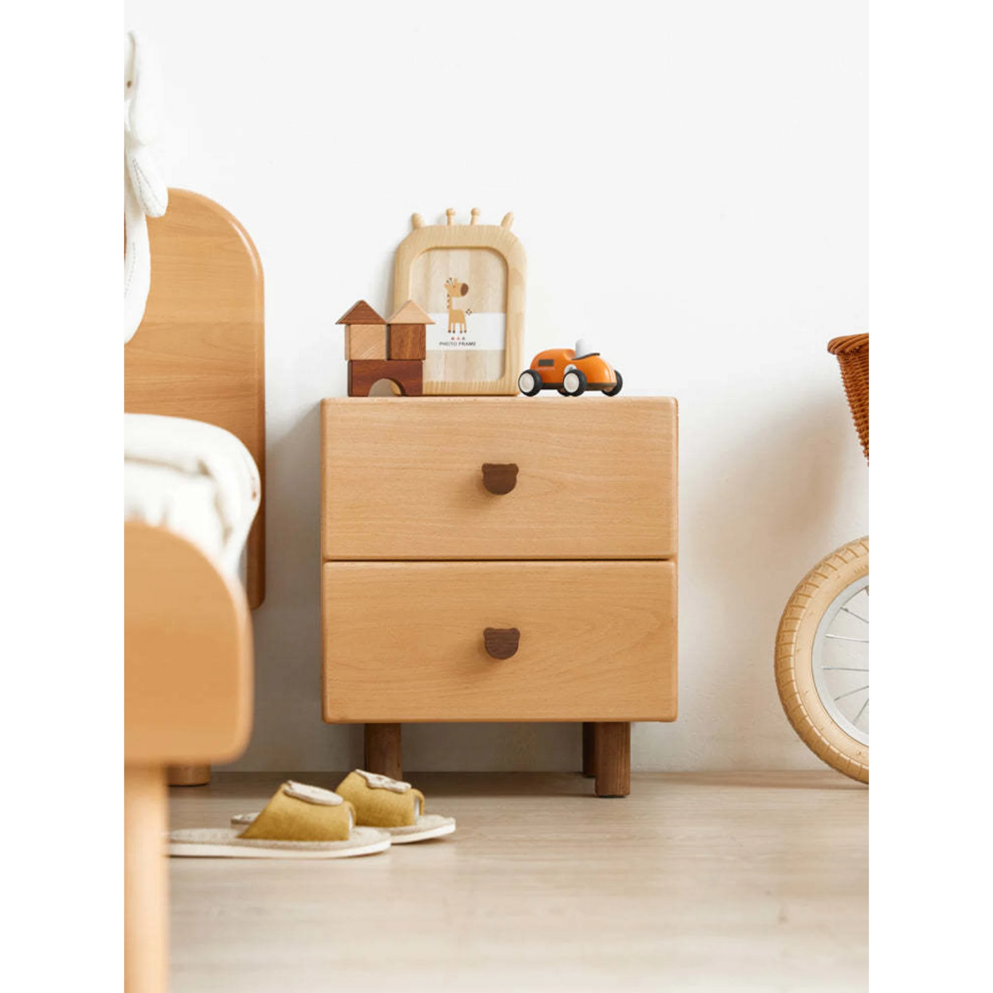 Solidwood Ayla Double Drawer Bedside Table, 40x35CM, Beech