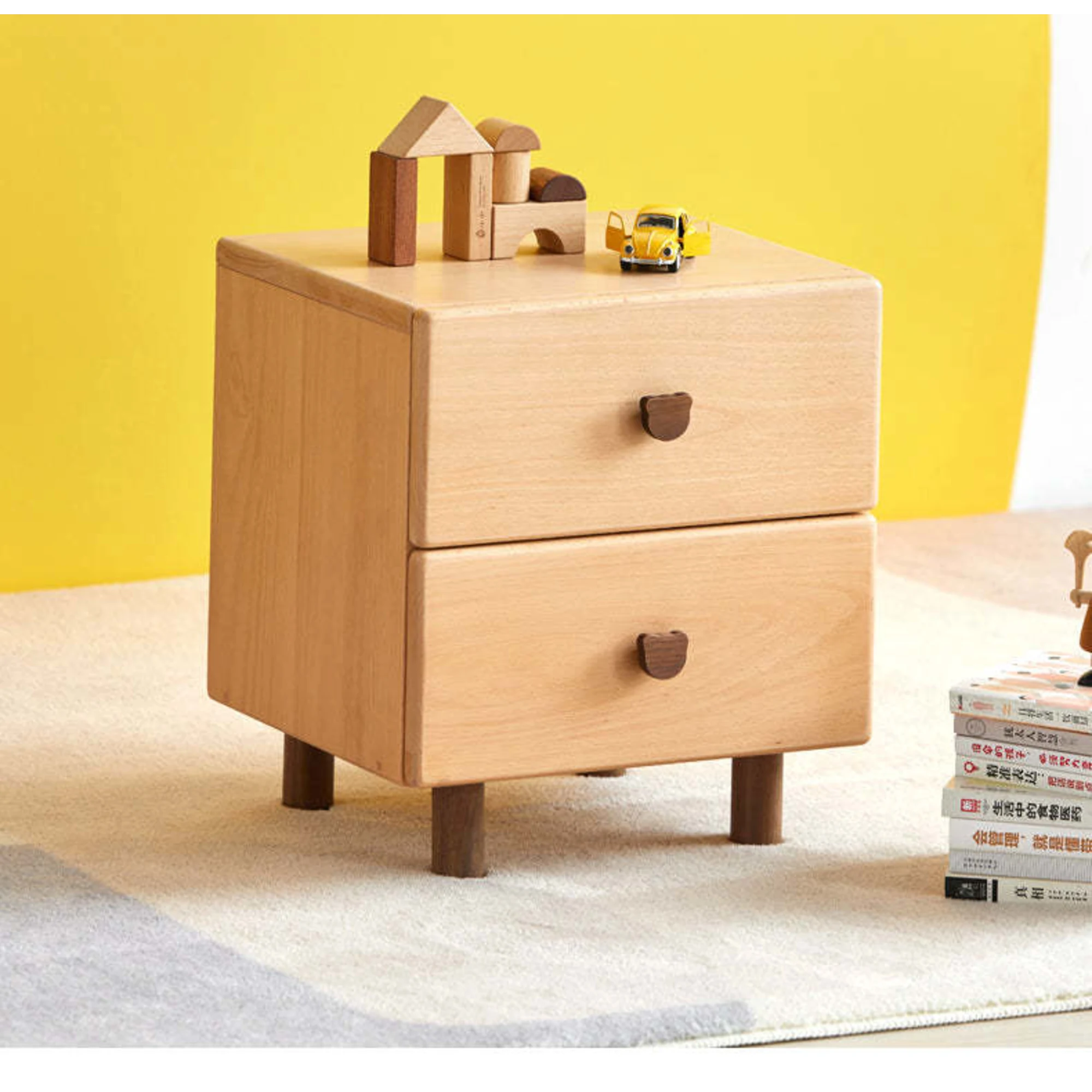 Solidwood Ayla Double Drawer Bedside Table, 40x35CM, Beech