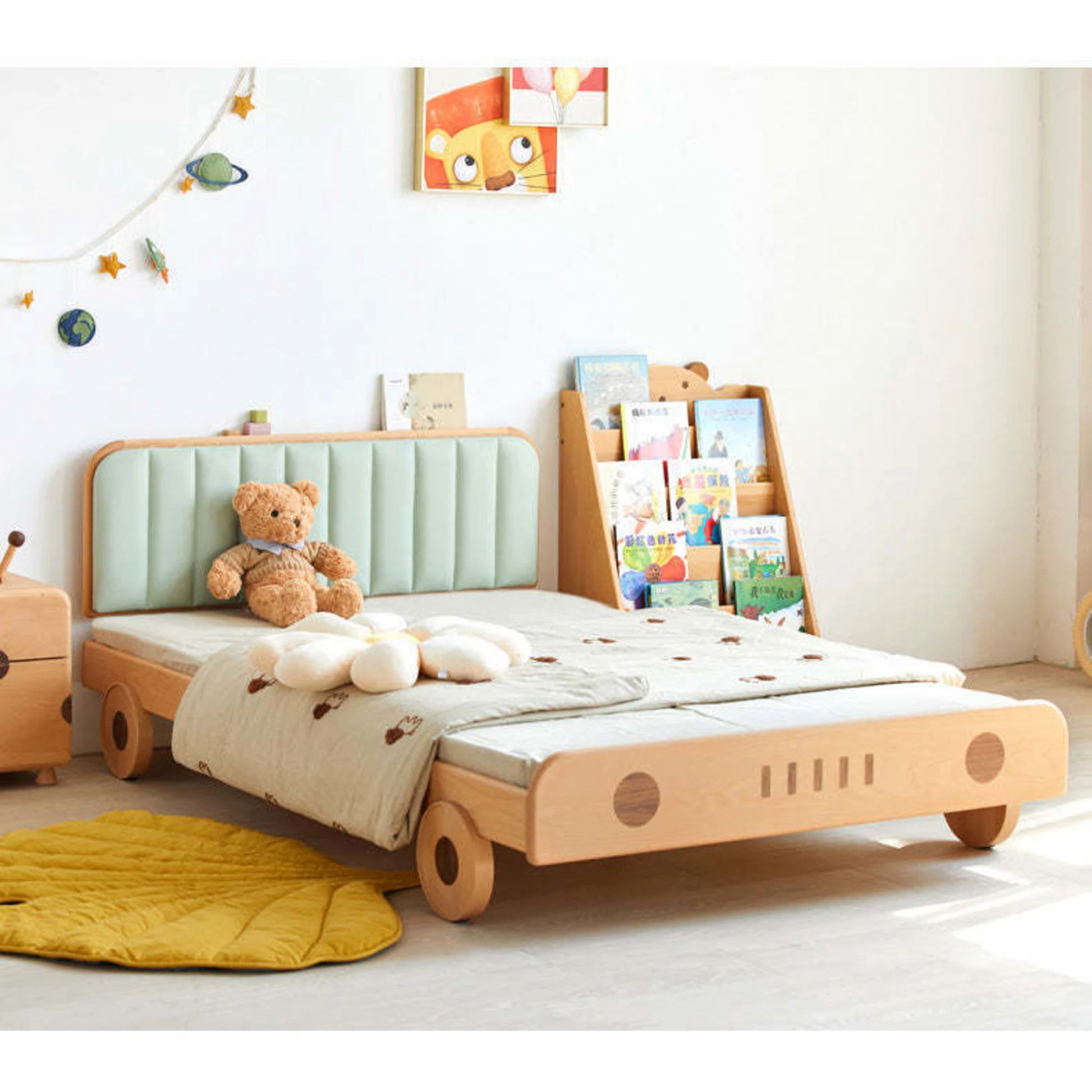 SolidWood Ayla Car Styling Global Double Bed Frame, Natural Wood