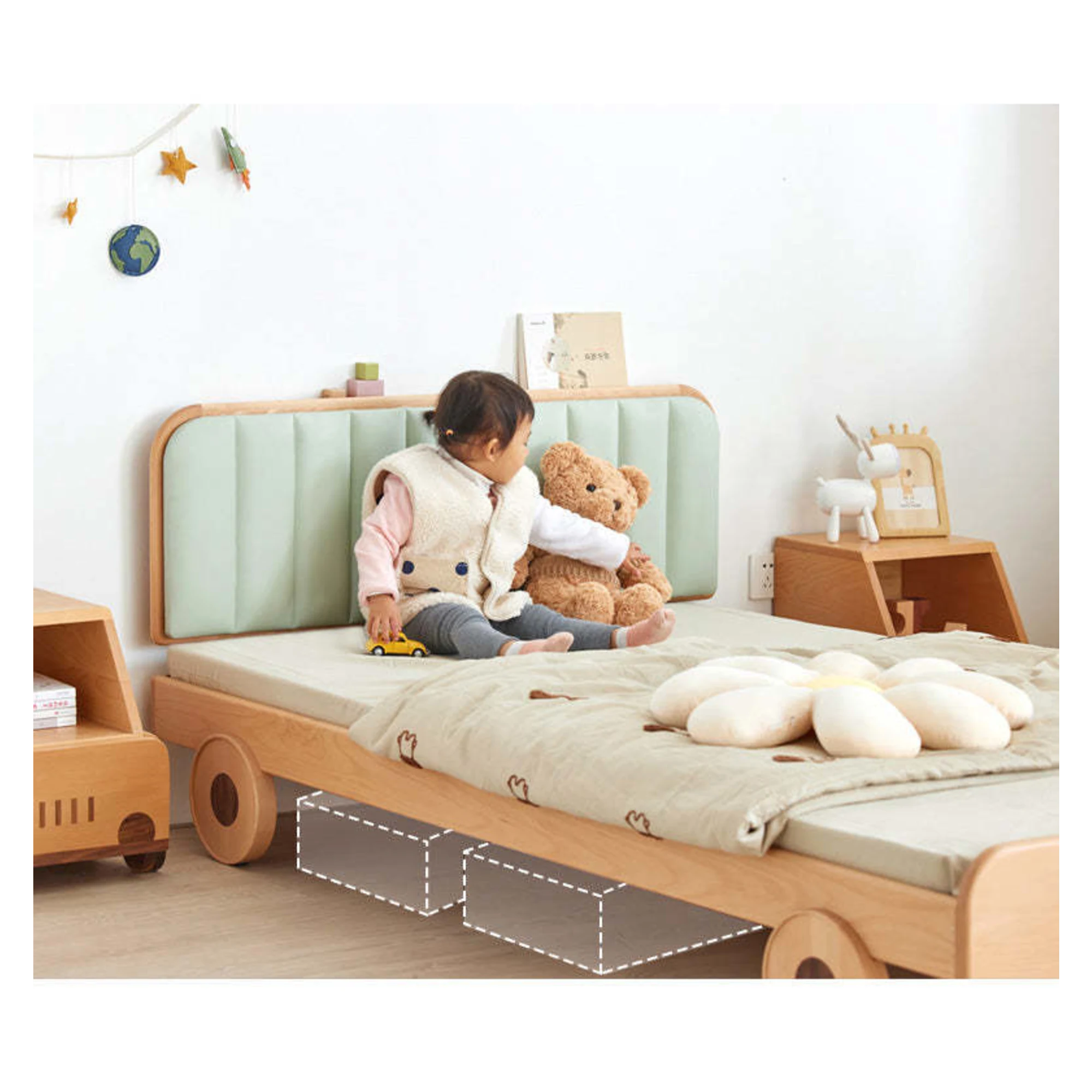 SolidWood Ayla Car Styling Global Double Bed Frame, Natural Wood