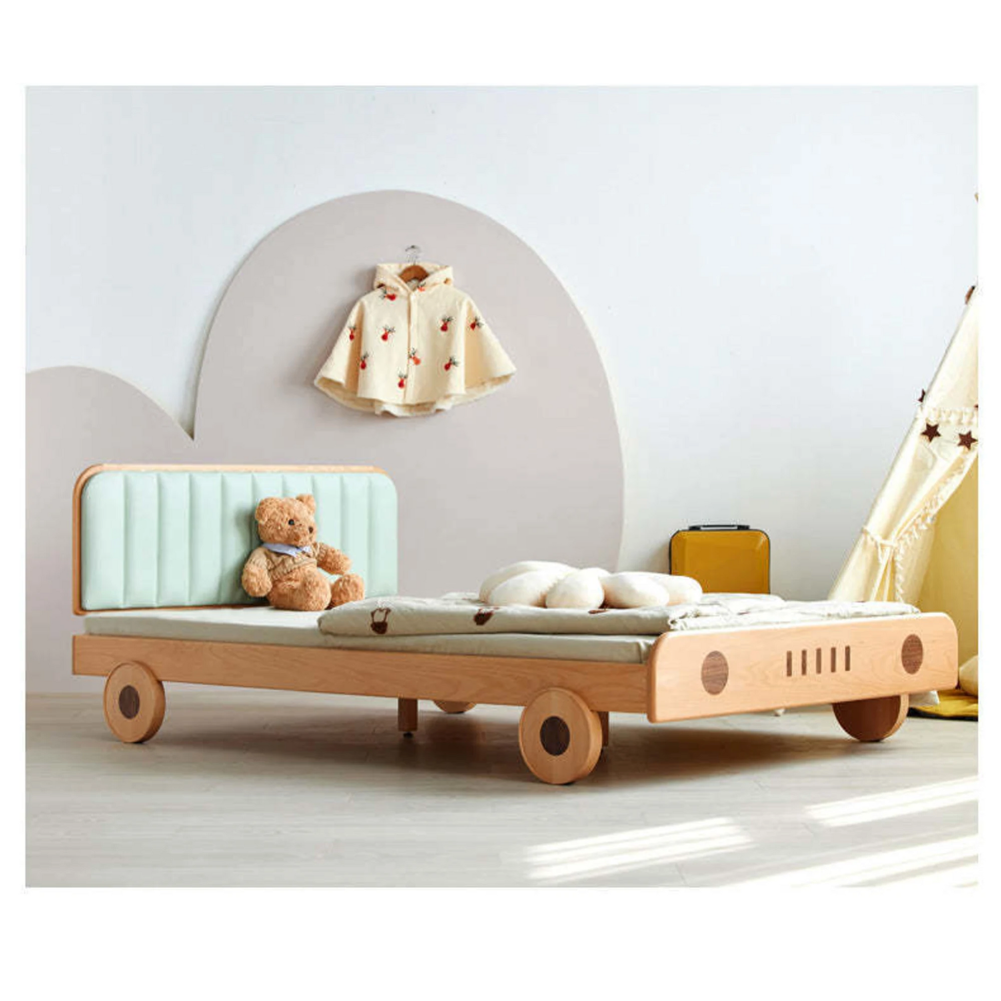 SolidWood Ayla Car Styling Global Double Bed Frame, Natural Wood