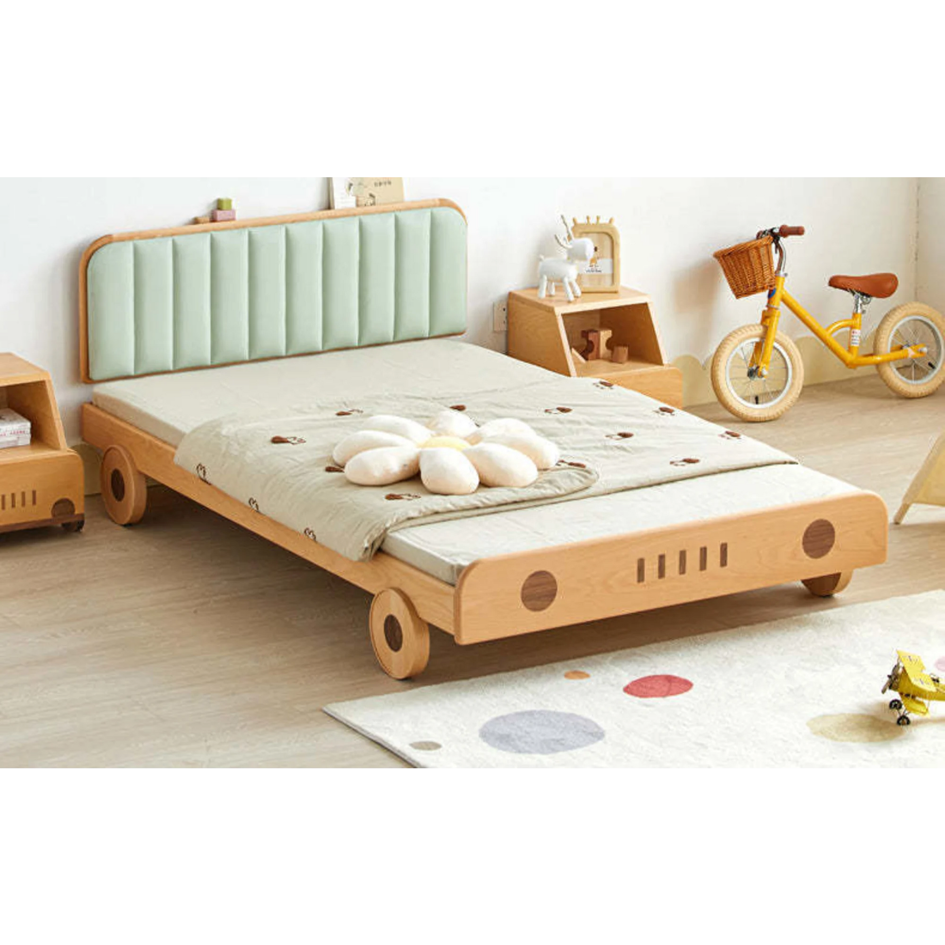 SolidWood Ayla Car Styling Global Double Bed Frame, Natural Wood
