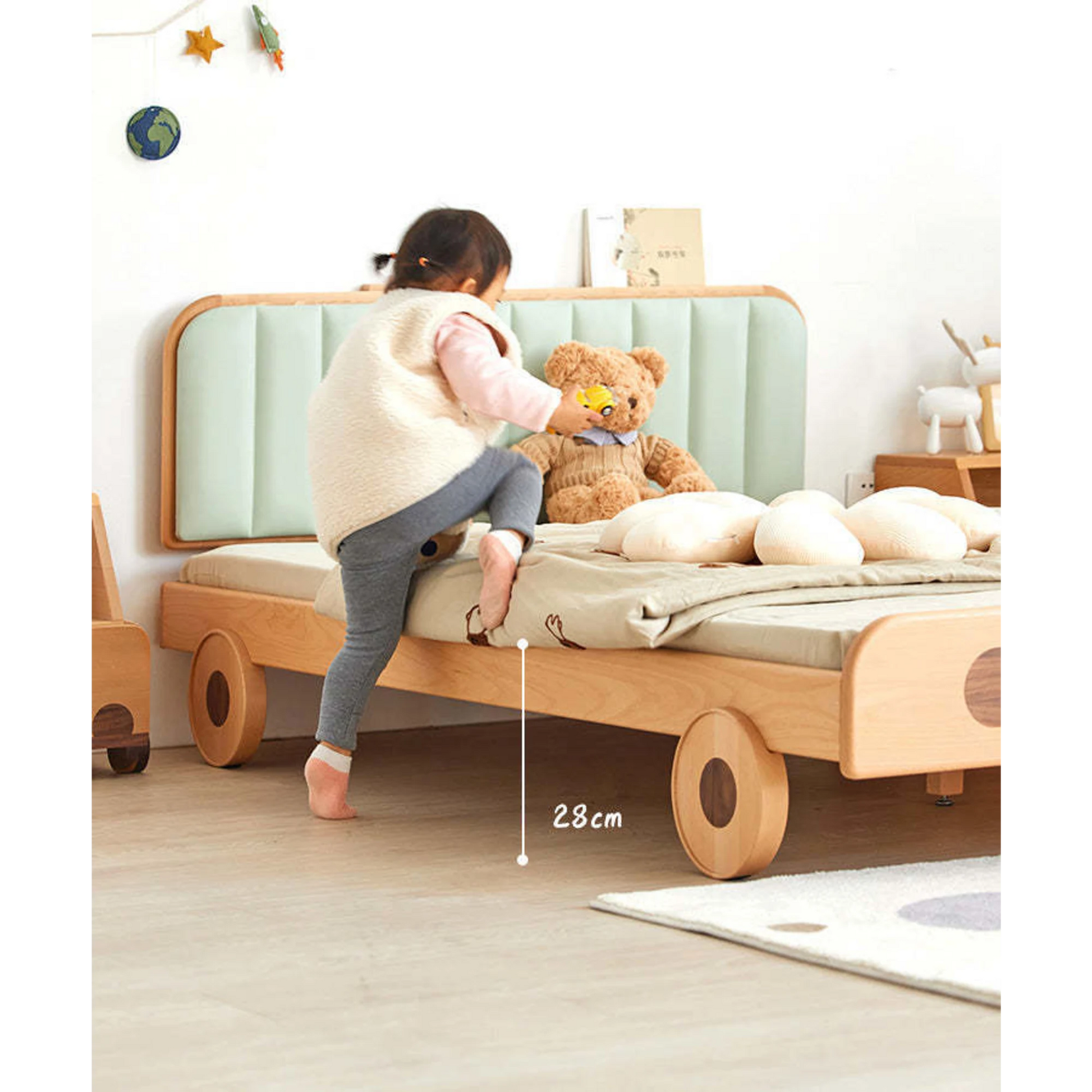SolidWood Ayla Car Styling Global Double Bed Frame, Natural Wood