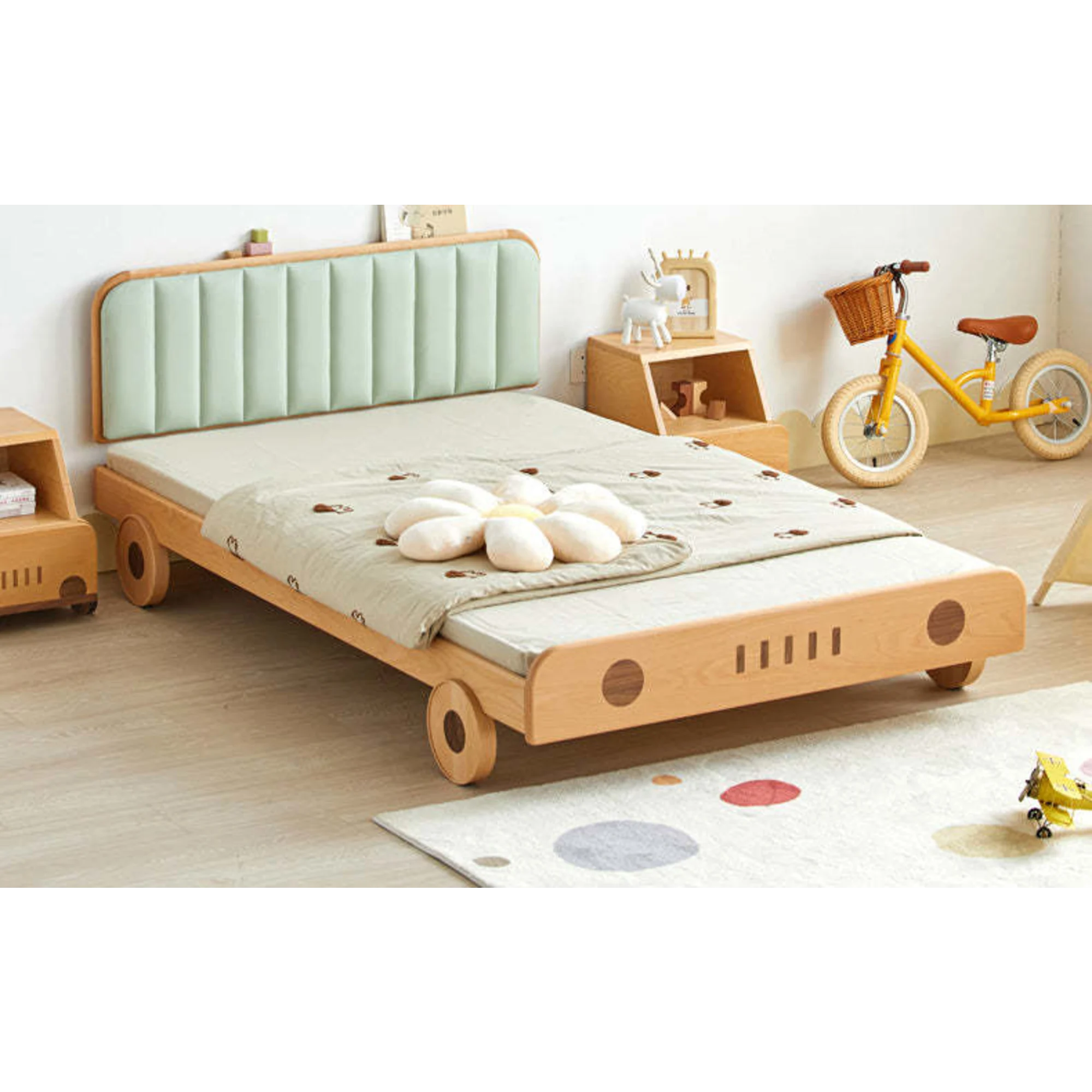 SolidWood Ayla Car Styling Global Queen Bed Frame, Natural Wood