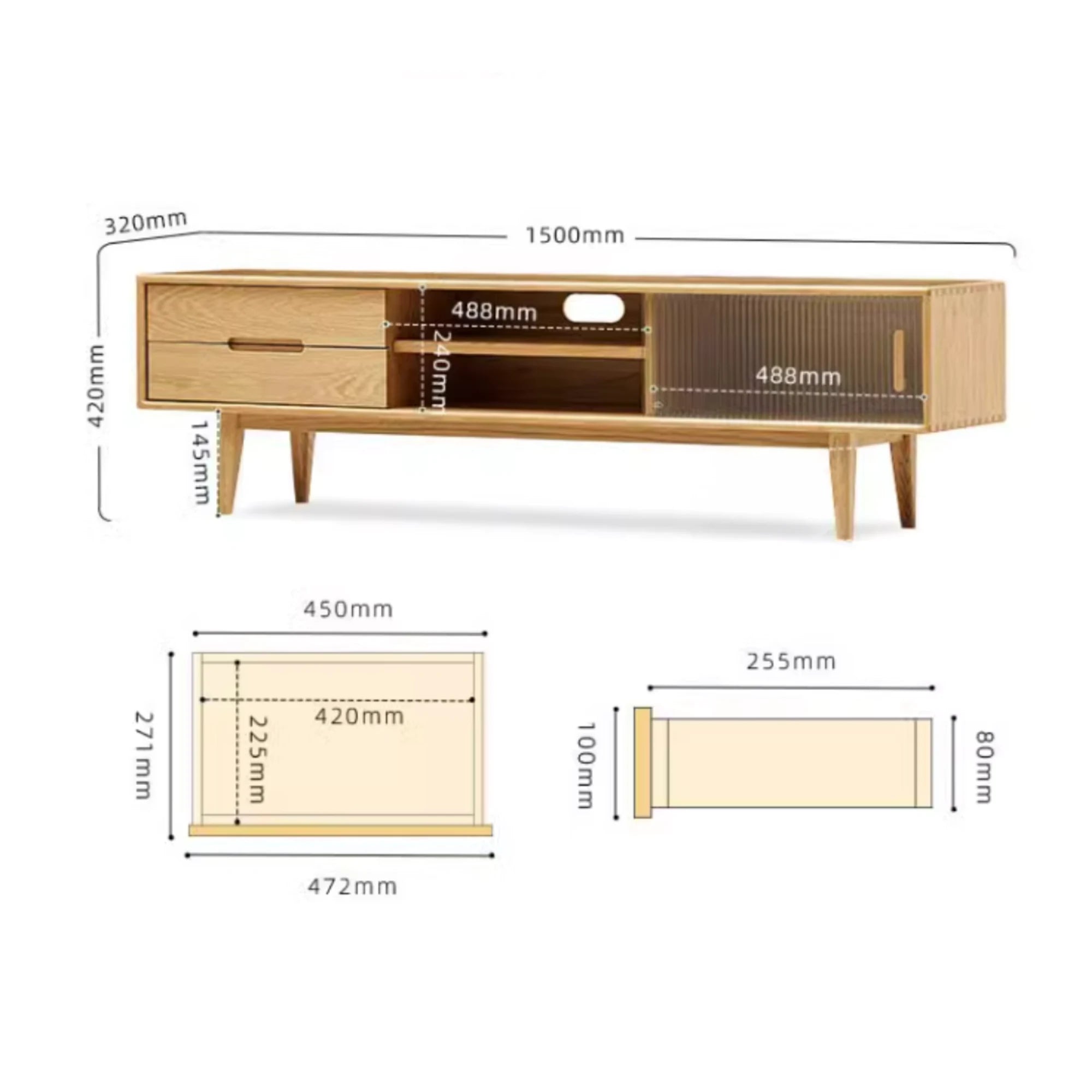 Solidwood Bailey TV Stand, 150x32x42CM, Natural Wood