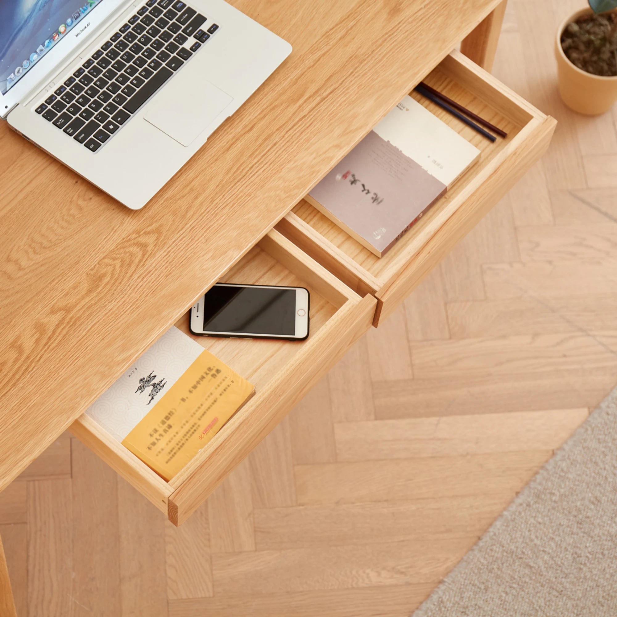 Solidwood Bailey Desk with 2 Drawers, Natural Wood