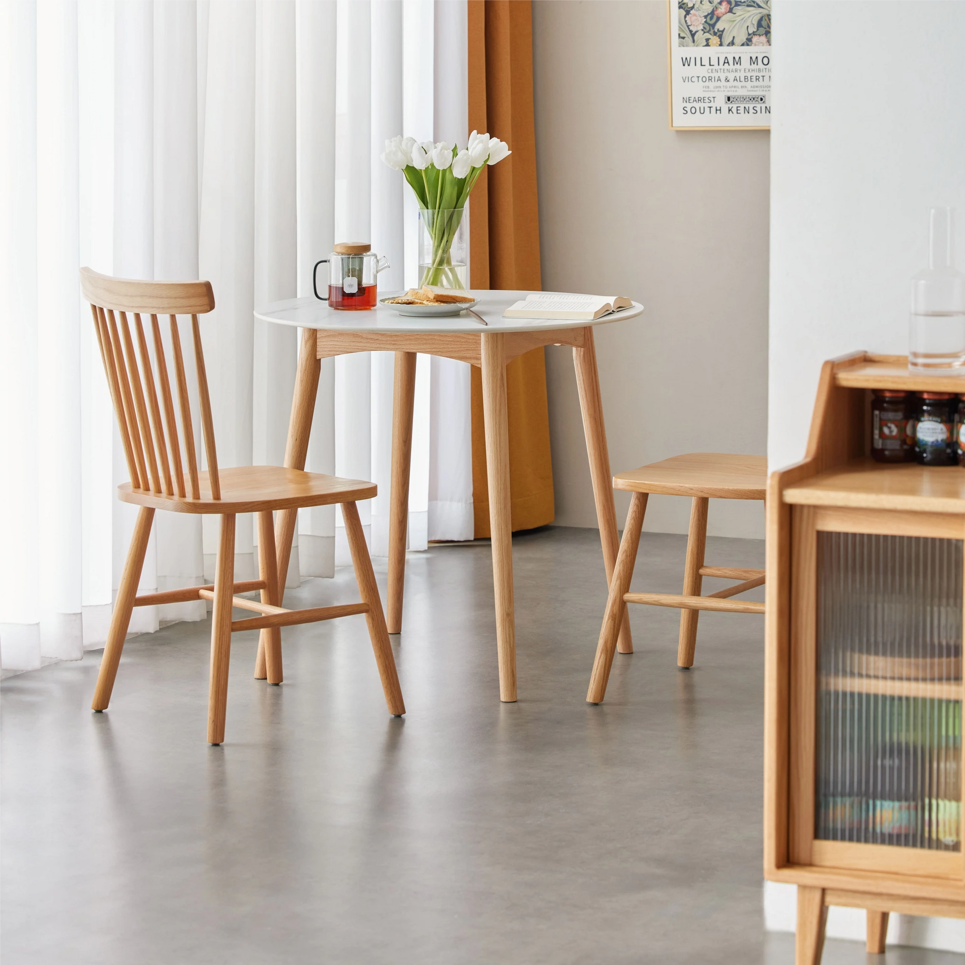 Solidwood Fuji Table, Faux White Marble, Natural Wood