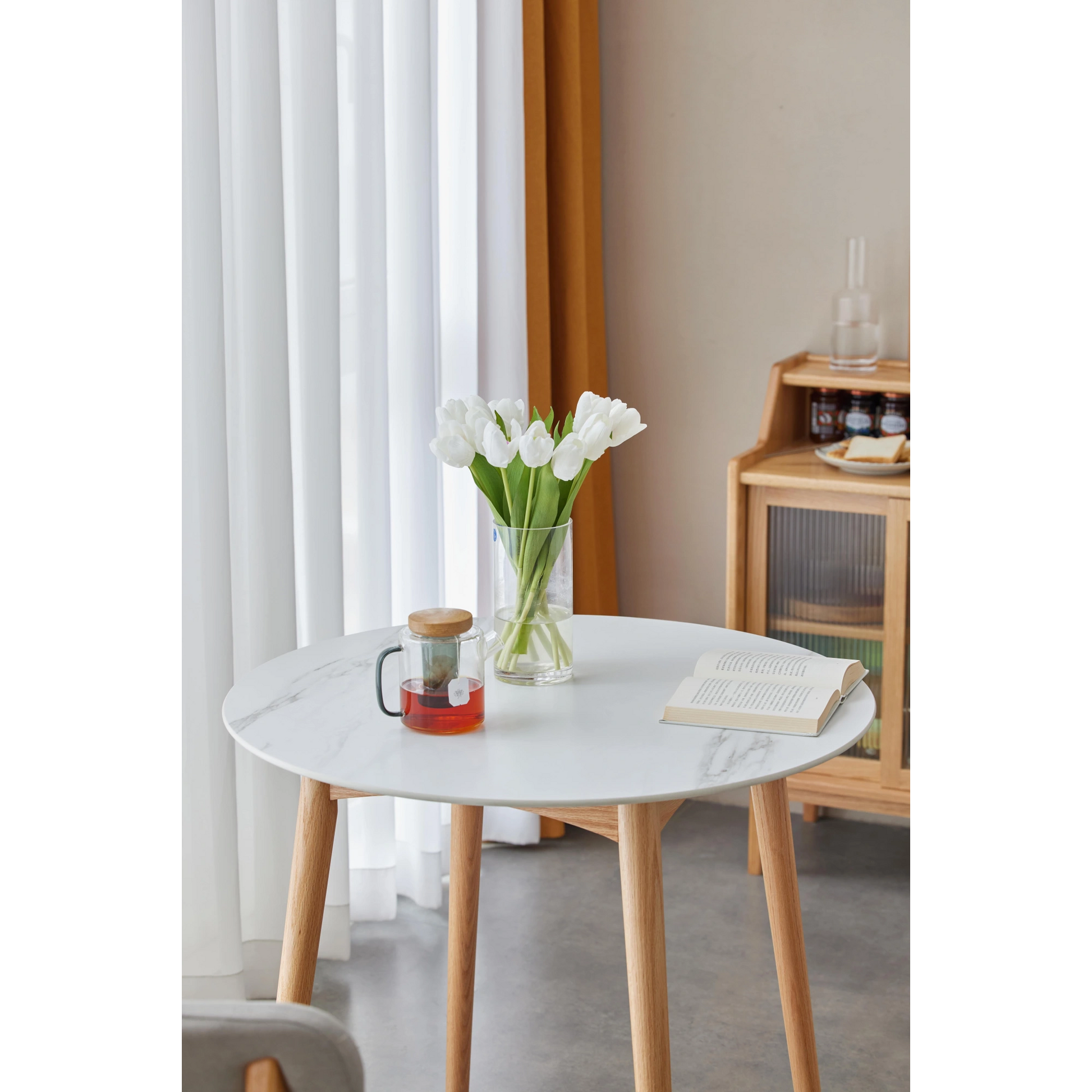 Solidwood Fuji Table, Faux White Marble, Natural Wood