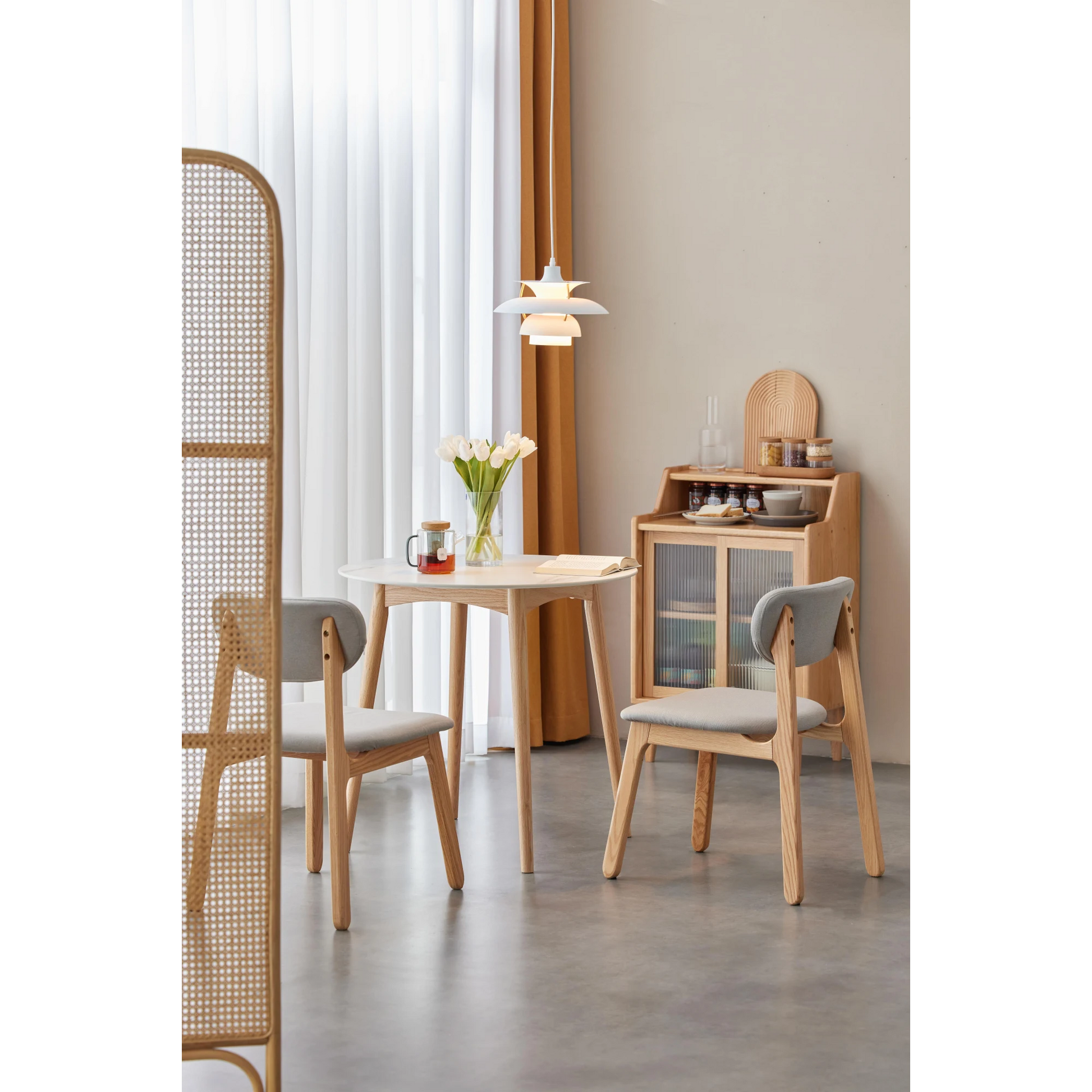 Solidwood Fuji Table, Faux White Marble, Natural Wood
