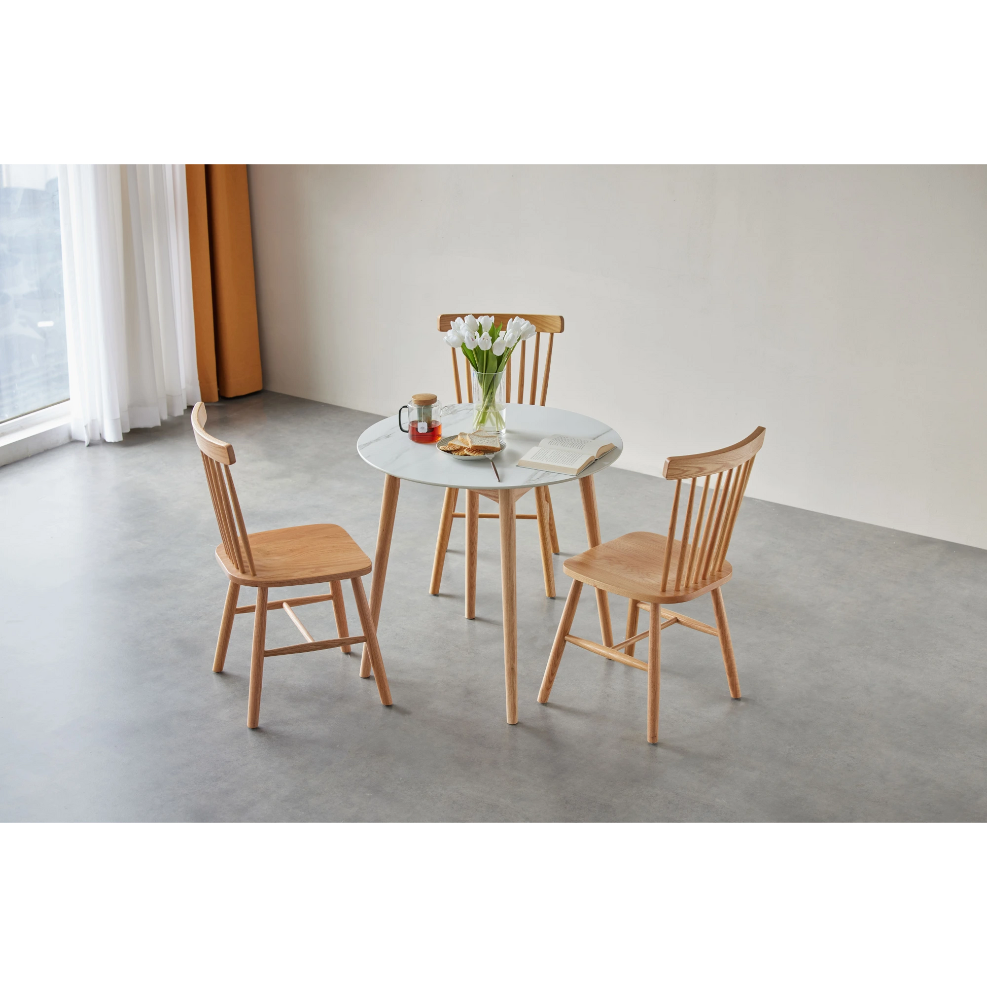 Solidwood Fuji Table, Faux White Marble, Natural Wood