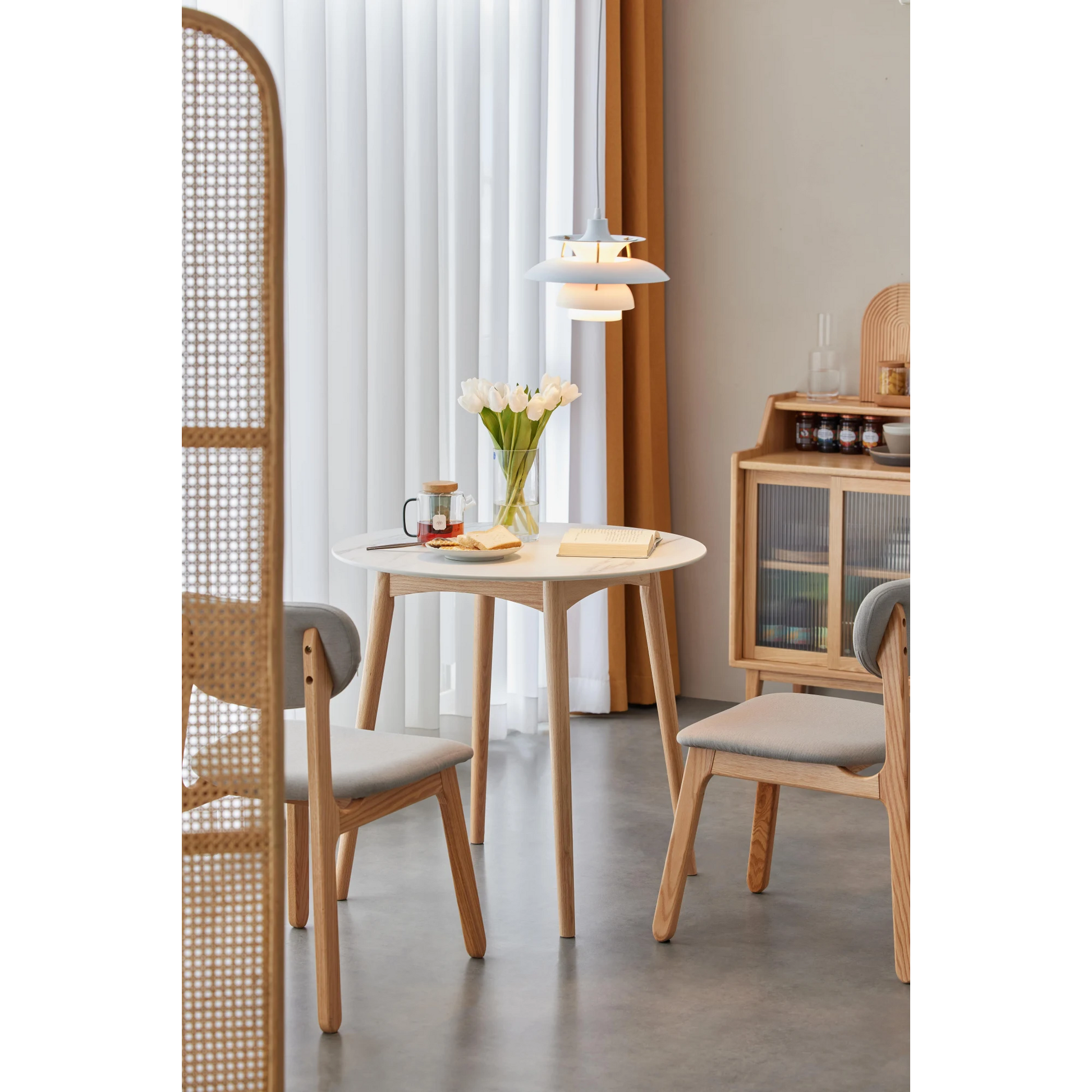 Solidwood Fuji Table, Faux White Marble, Natural Wood