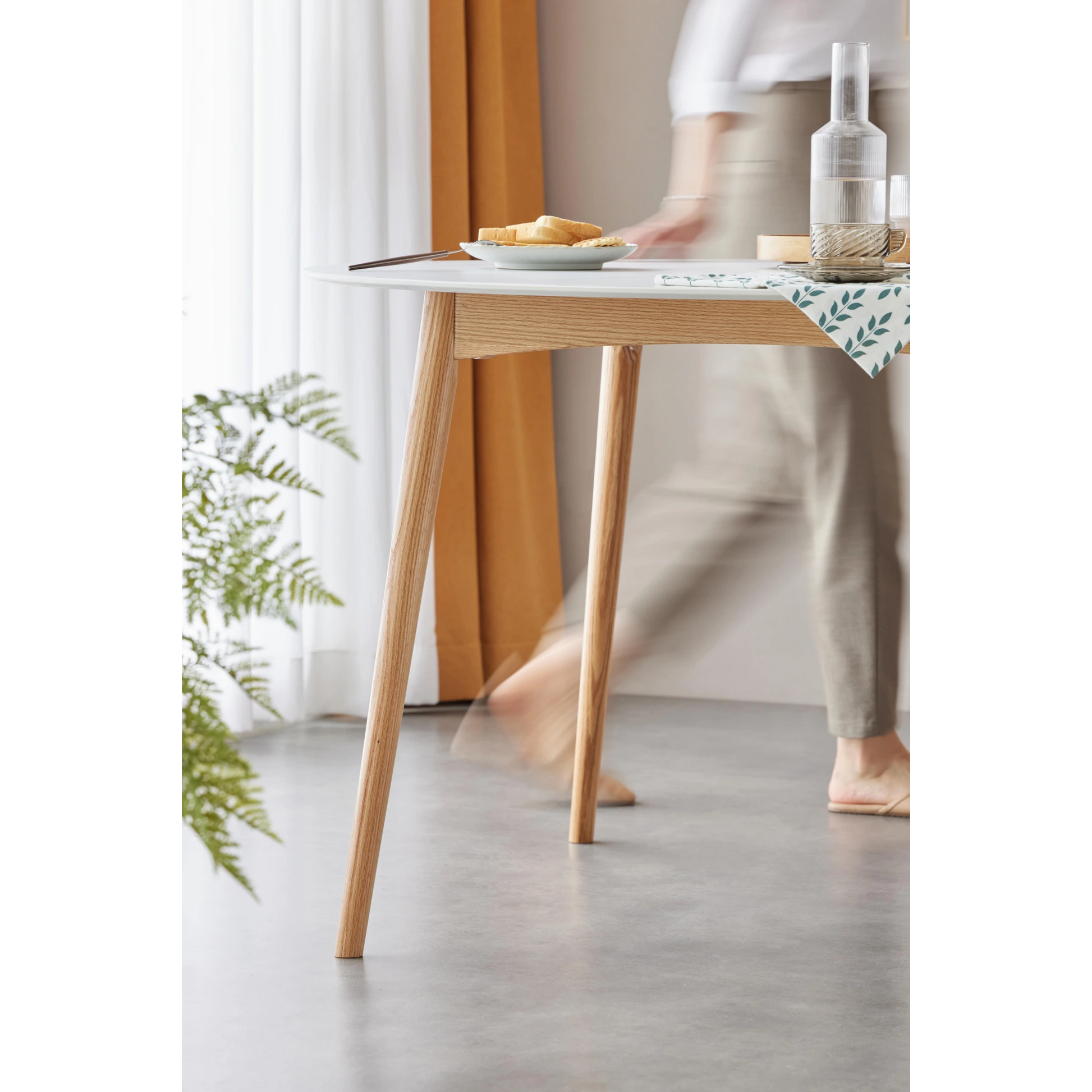 Solidwood Fuji Table, Faux White Marble, Natural Wood