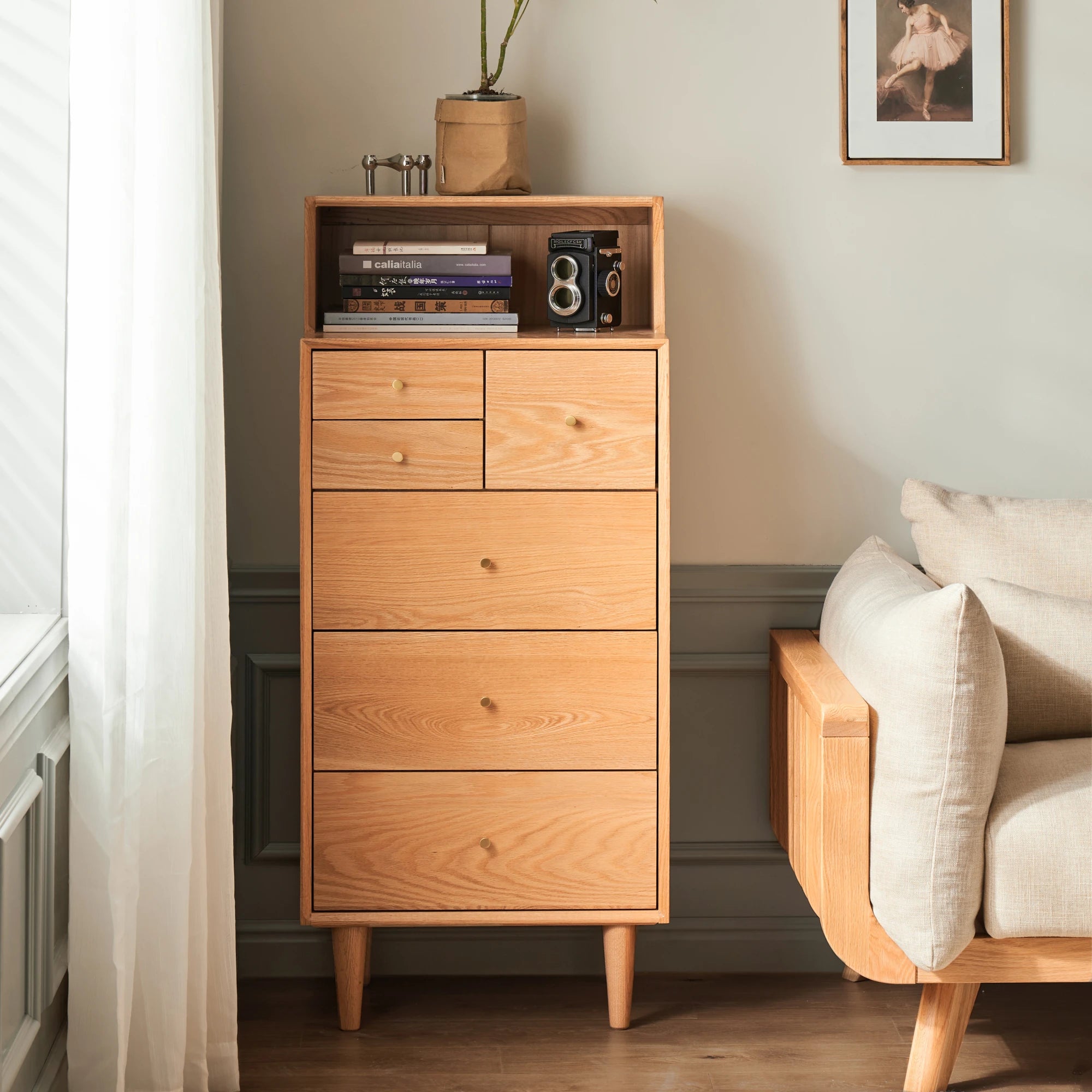Solidwood Fuji Chest of 6 Drawers, 50x40x120cm, Natural Wood