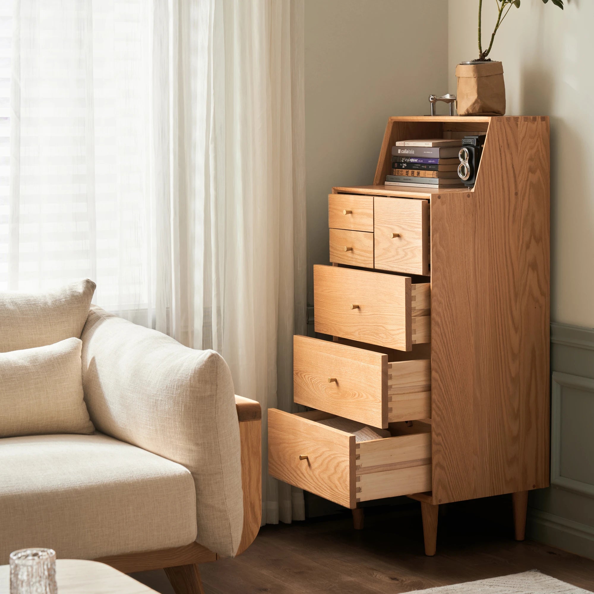 Solidwood Fuji Chest of 6 Drawers, 50x40x120cm, Natural Wood
