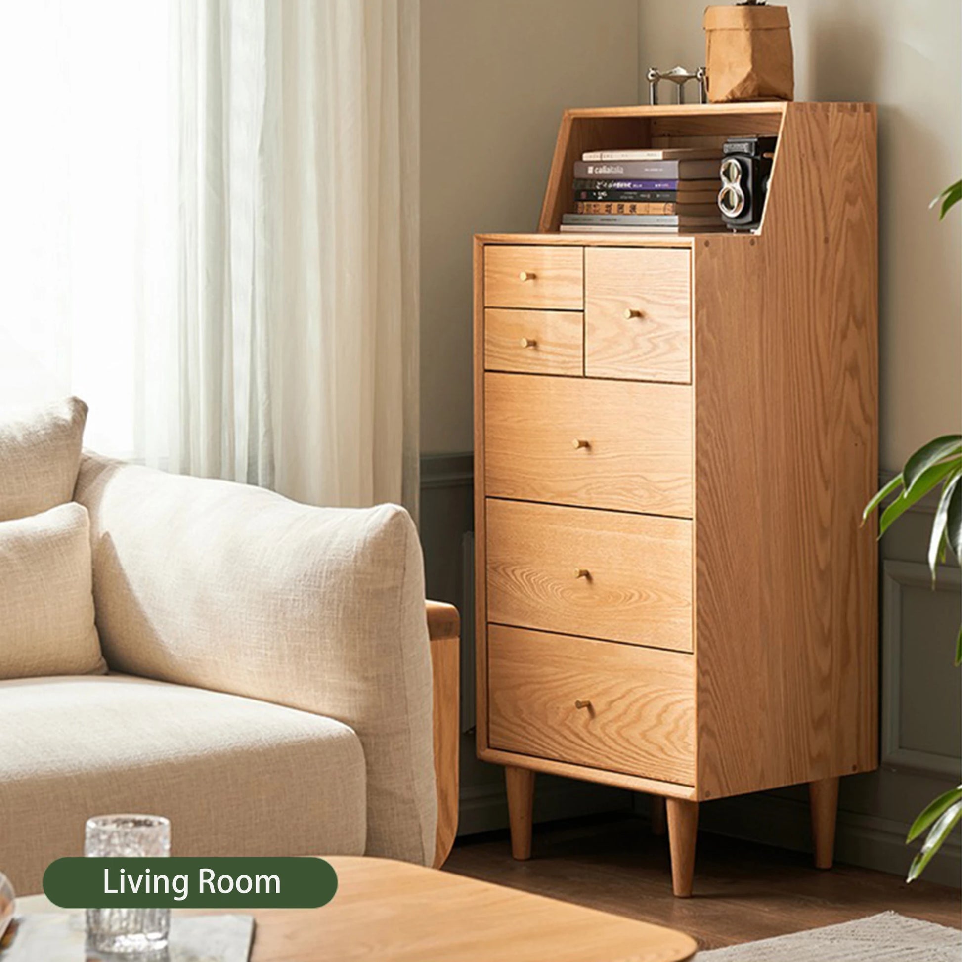 Solidwood Fuji Chest of 6 Drawers, 50x40x120cm, Natural Wood