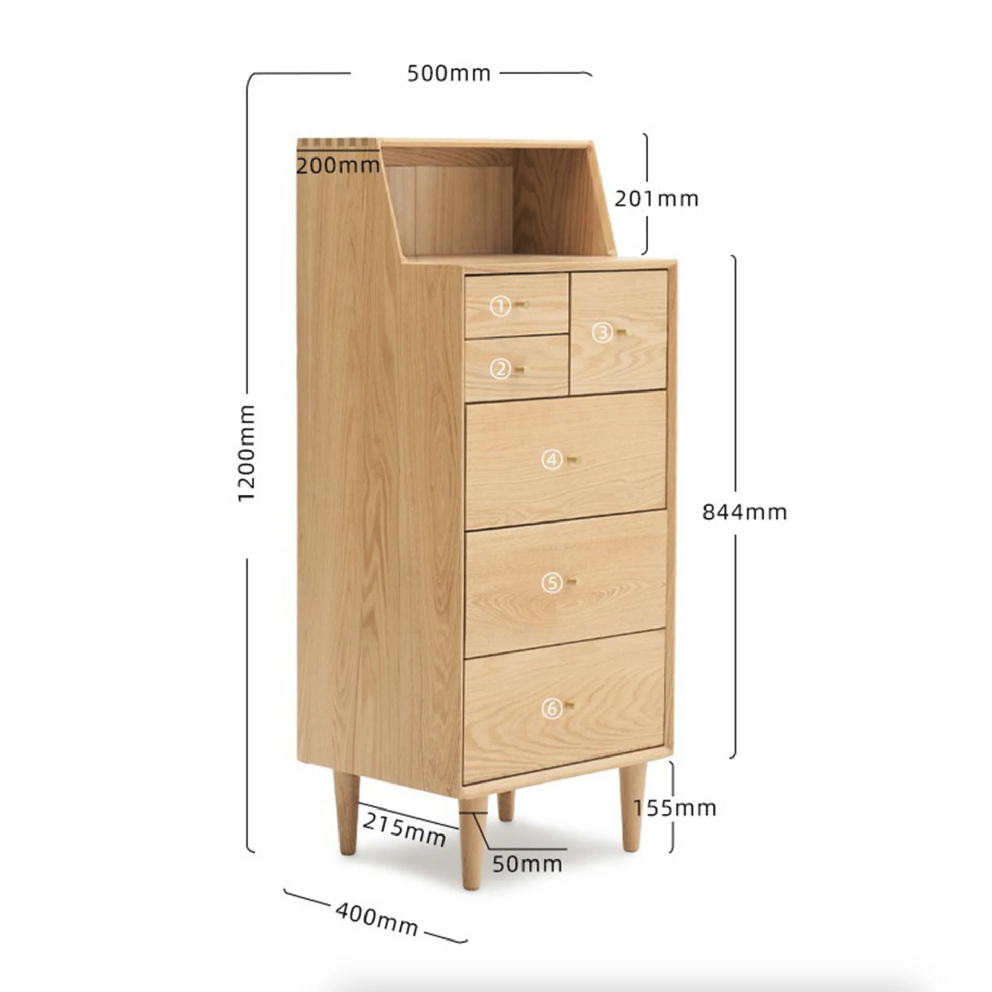 Solidwood Fuji Chest of 6 Drawers, 50x40x120cm, Natural Wood