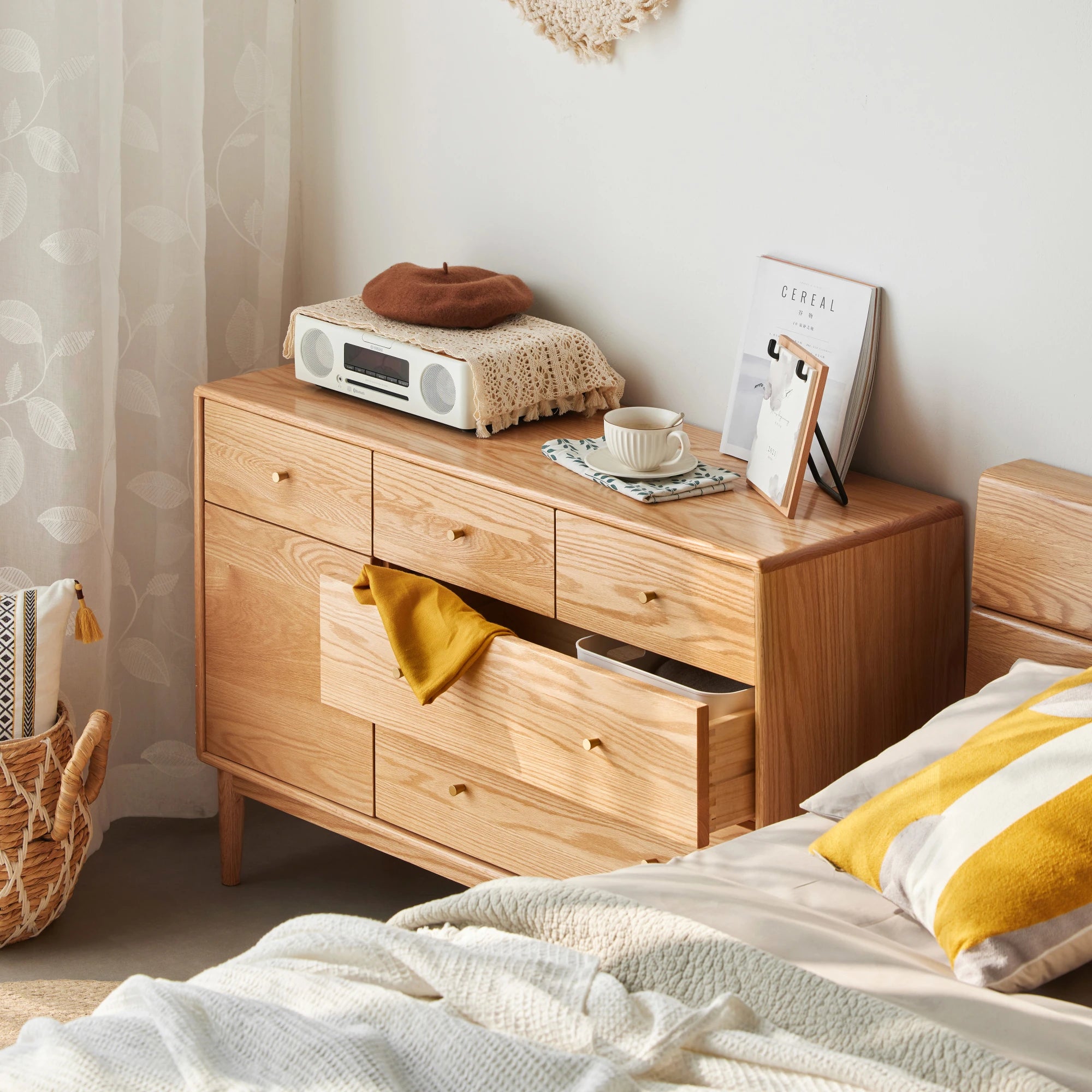 Solidwood Fuji Chest of 6 Drawers, 112x38x74cm, Natural Wood