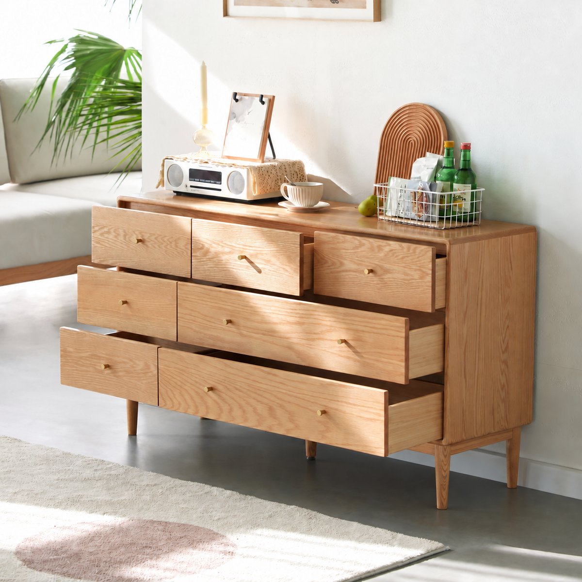 Solidwood Fuji Chest of 7 Drawers, 130x38x74cm, Natural Wood