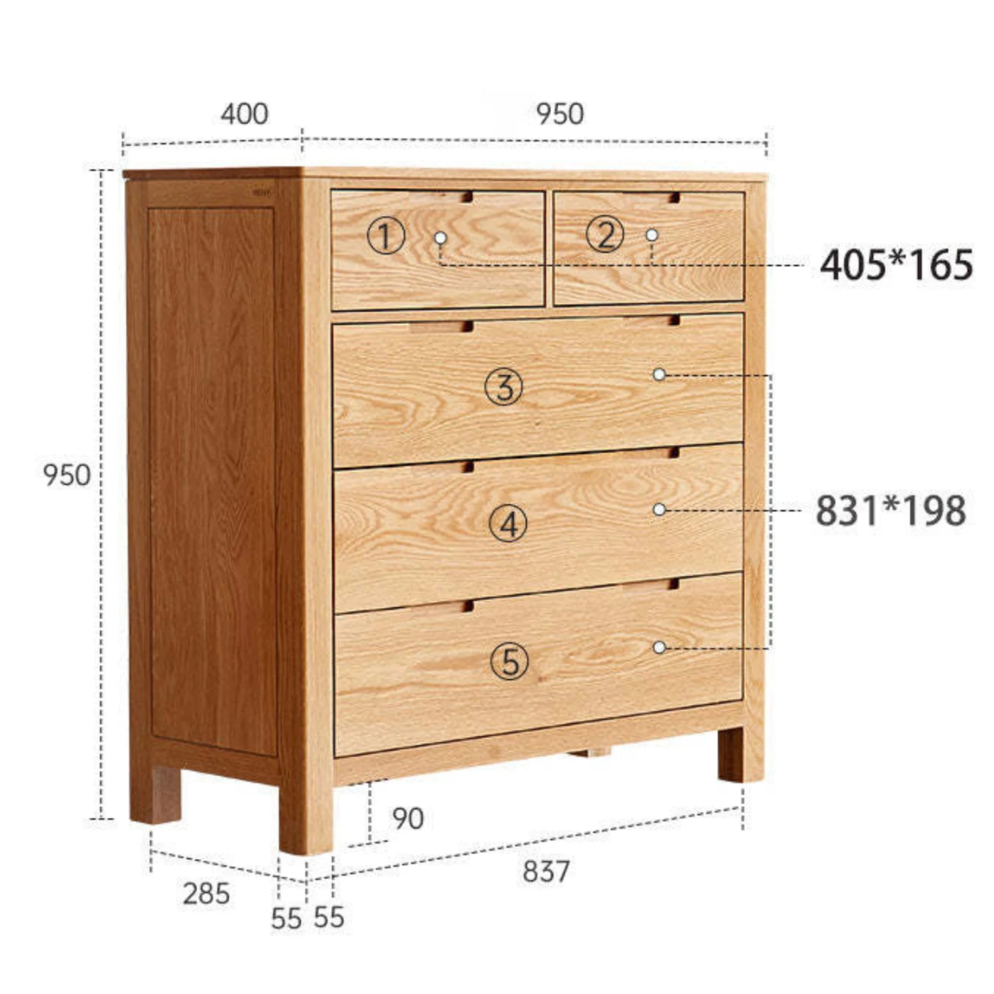 Solidwood Norway Chest of 5 drawers, 95x40CM, Natural Wood
