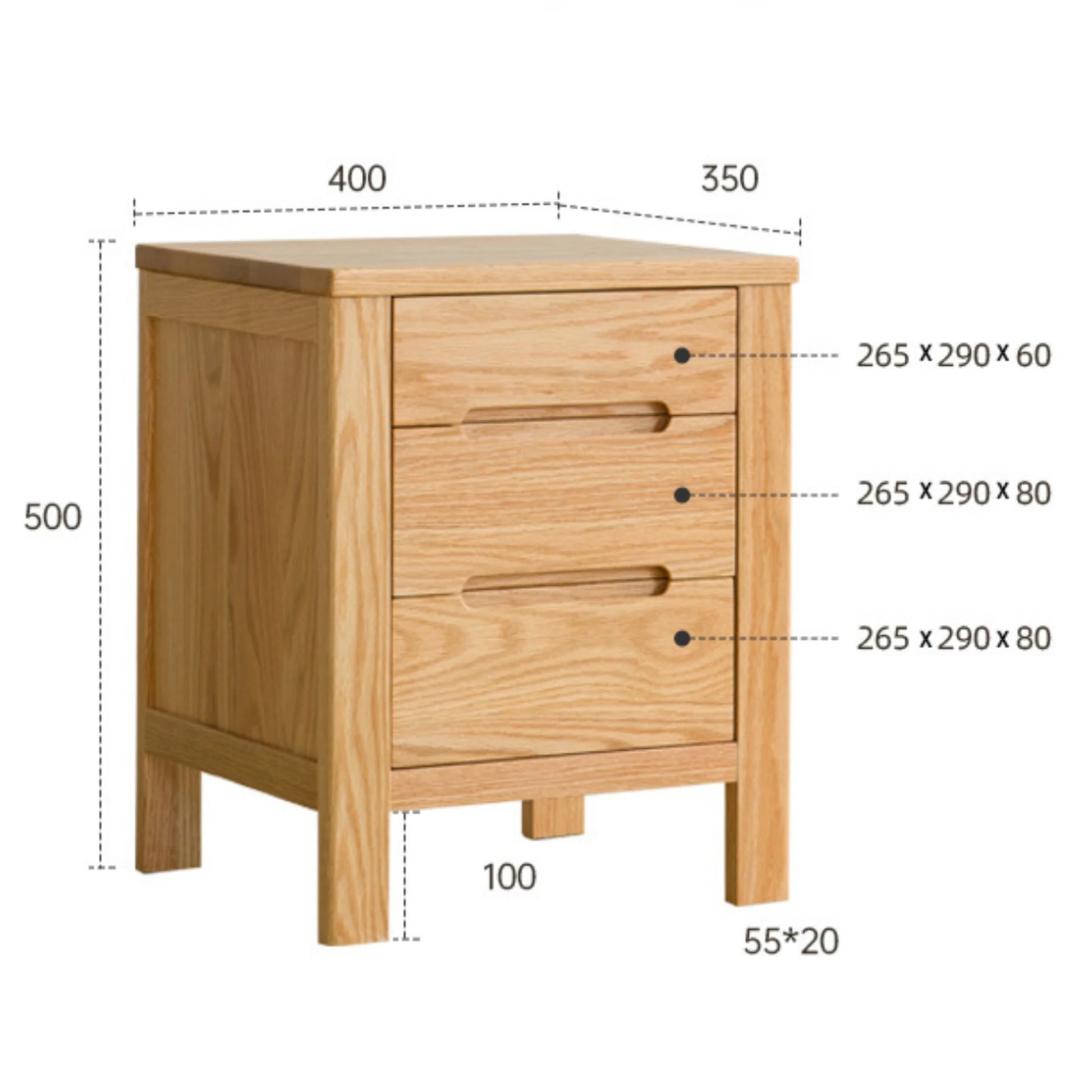Solidwood Norway Three Drawer Bedside Table, 40x35CM, Natural Wood