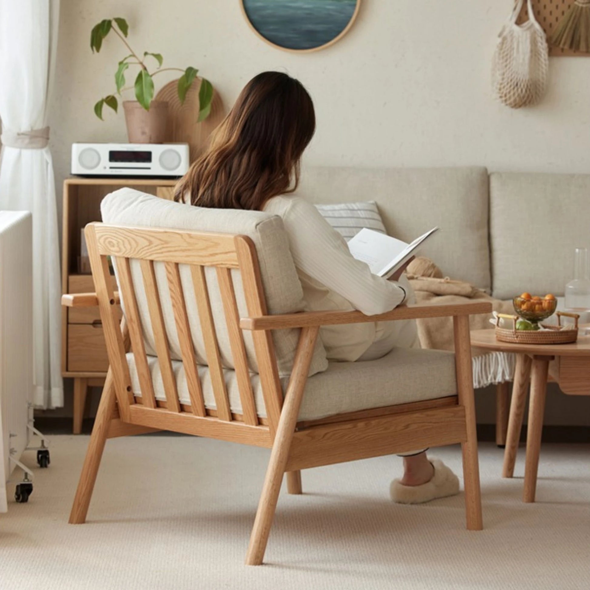 Solidwood Seattle 1-Seater Sofa, Grey & Natural Wood
