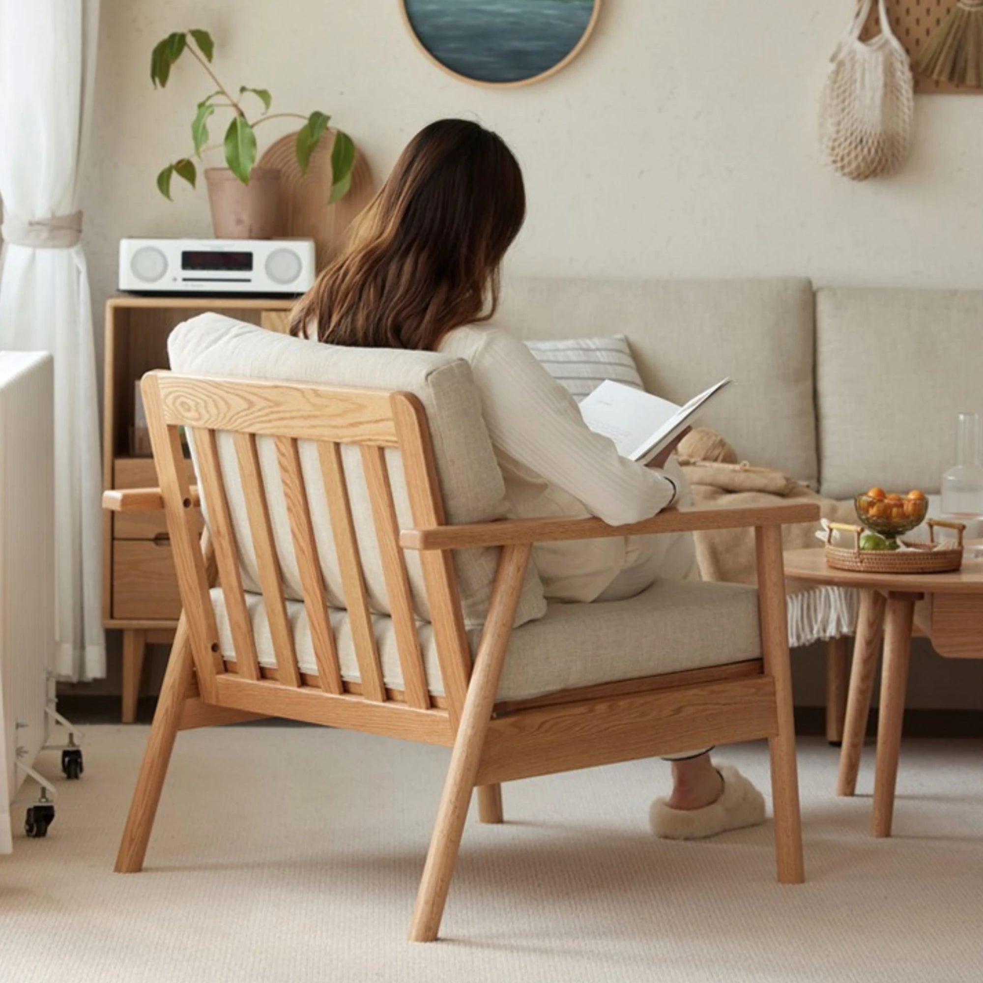 Solidwood Seattle 1-Seater Sofa, Grey & Natural Wood