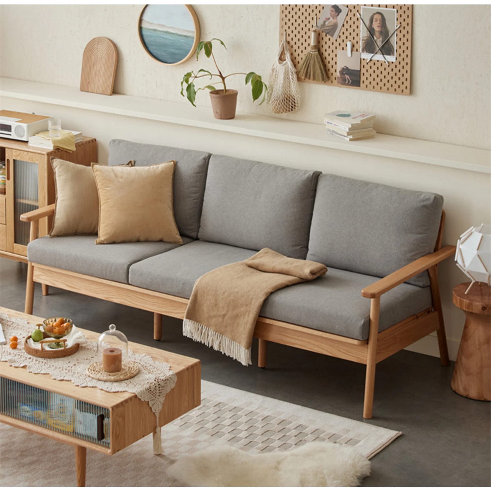 Solidwood Seattle 3-Seater Sofa,201x80CM, Grey & Natural Wood