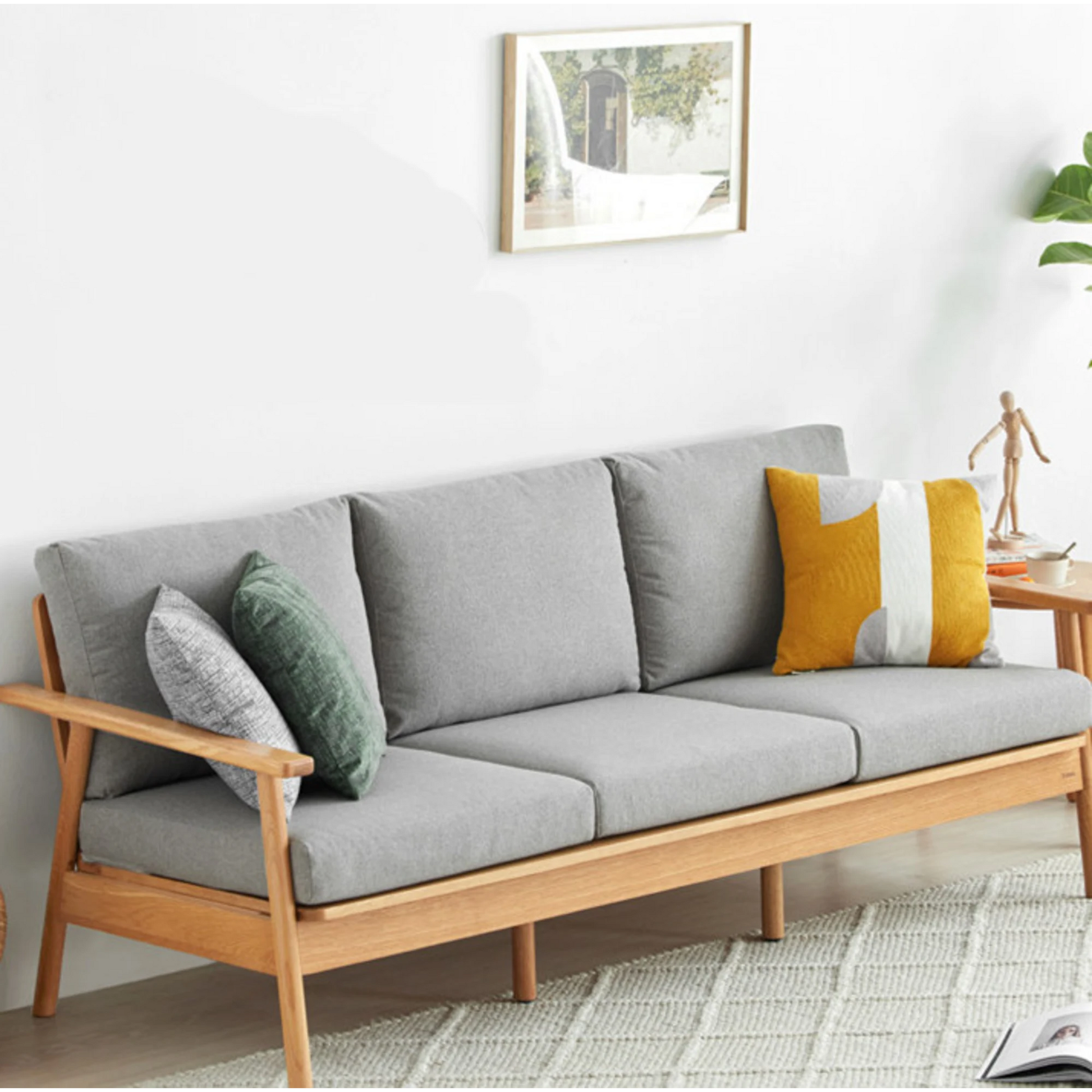 Solidwood Seattle 3-Seater Sofa,201x80CM, Grey & Natural Wood