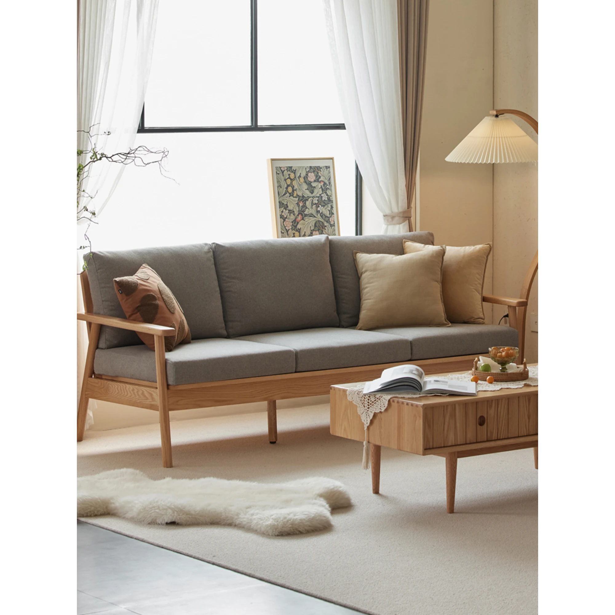 Solidwood Seattle 3-Seater Sofa,201x80CM, Grey & Natural Wood