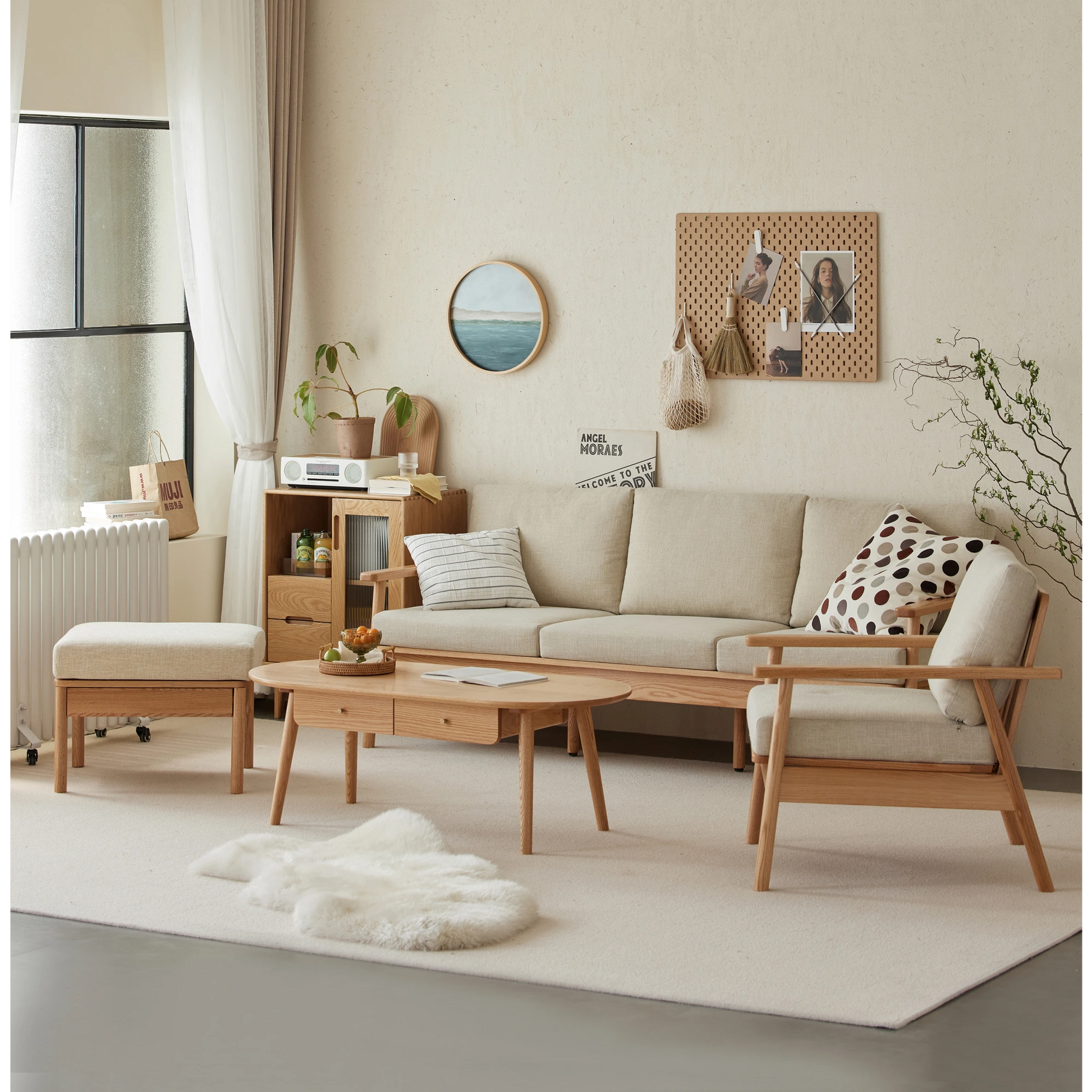Solidwood Seattle 3-Seater Sofa,201x80CM, Beige & Natural Wood