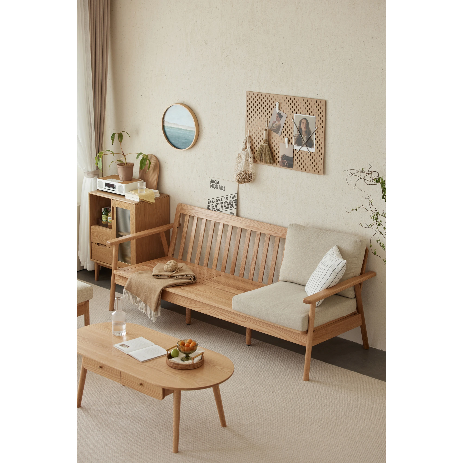Solidwood Seattle 3-Seater Sofa,201x80CM, Beige & Natural Wood
